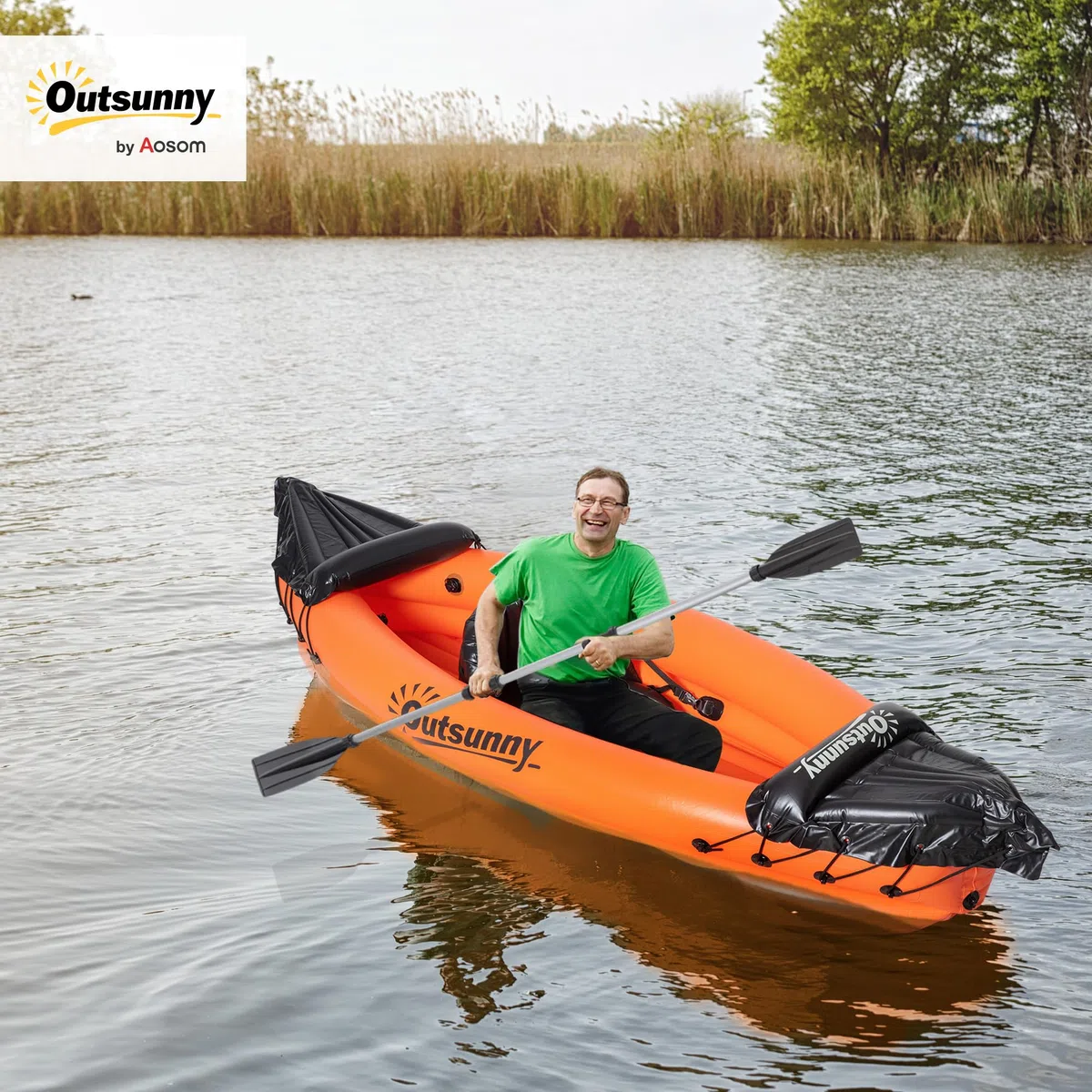 Outsunny Canoa Gonfiabile 1 Posto Kayak con Remo in Alluminio, Kit Riparazione e Pompa per Gonfiaggio, Arancione