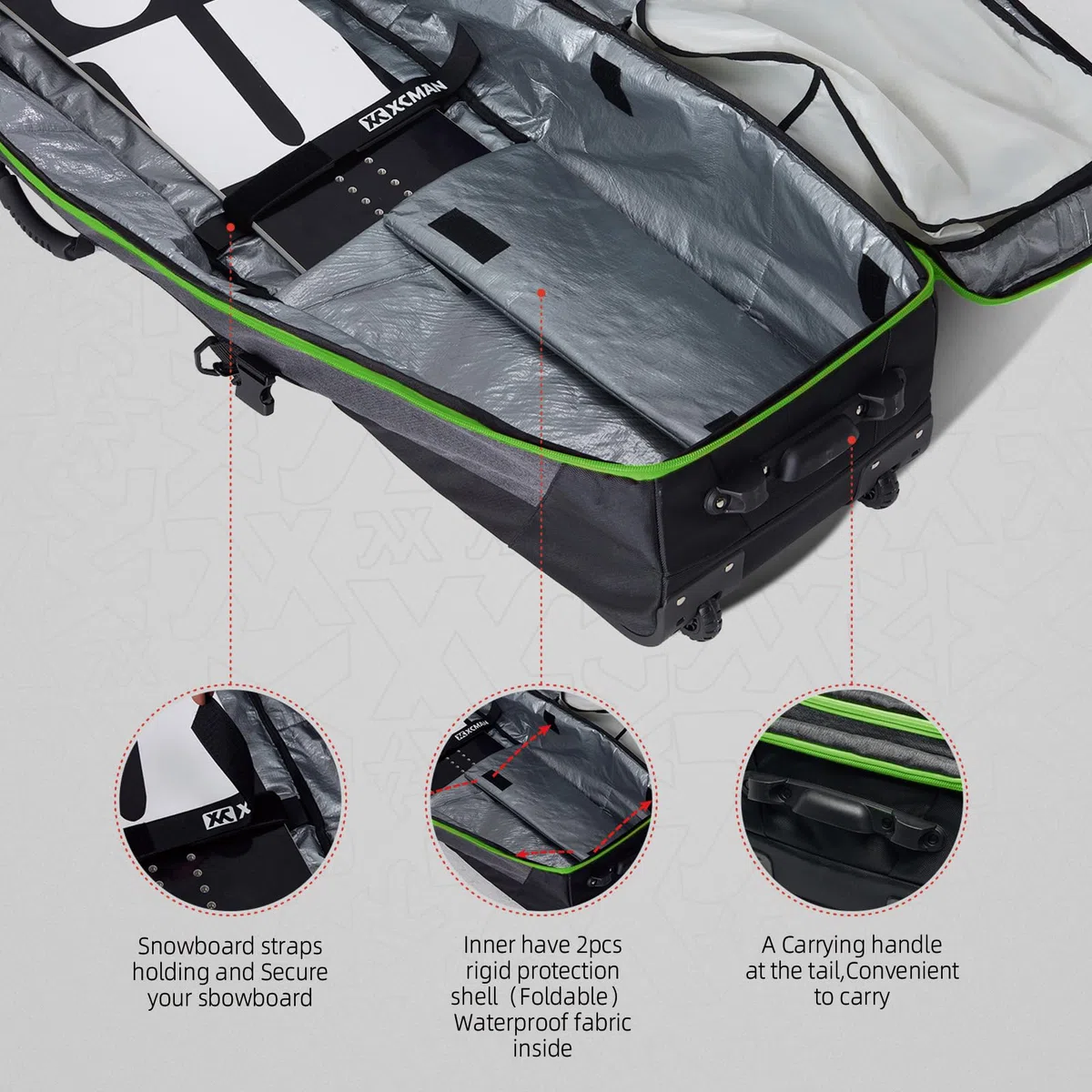 XCMAN - Borsa da Snowboard con Ruote, Lunghezza Regolabile per Viaggi in Aereo, Extra Lunga, Larga, Profonda, Impermeabile, con Stecche di Protezione in ABS e Dorso in Polipropilene, Versione 2020
