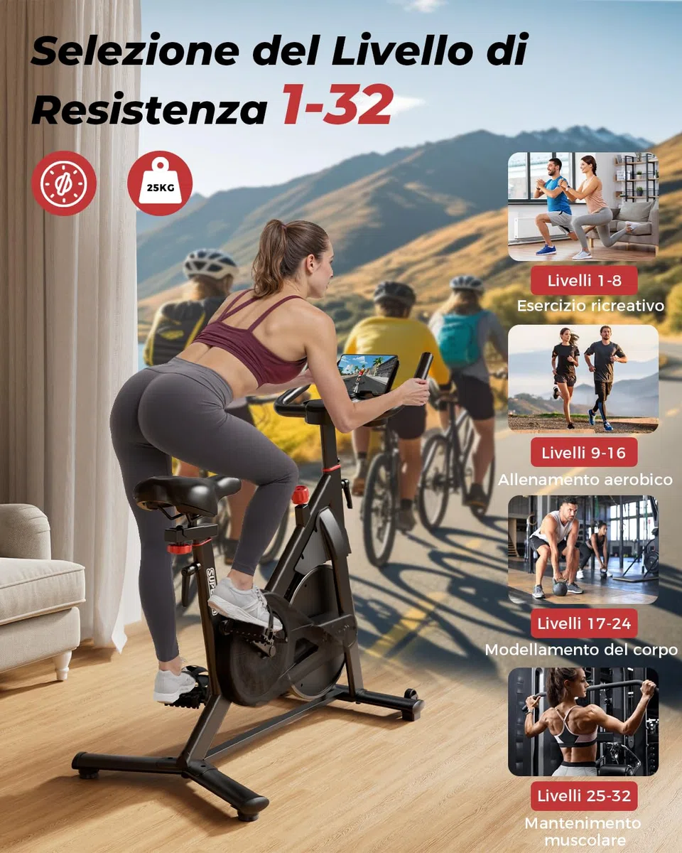 Superun Cyclette da Casa Magnetica a 32 Livelli, Cyclette per Casa Controllo APP, Cycletta Spinning Ultra Silenziosa, Spin Bike Sedili Comodi e Traspiranti, Aerobico Domestico, Supporto fino a 136KG