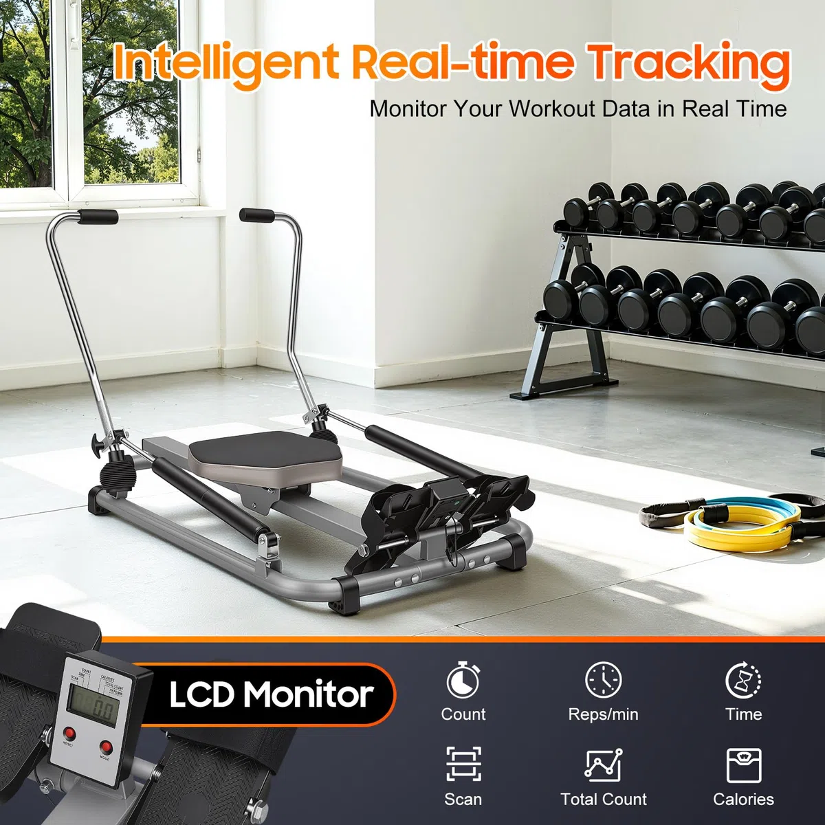 Vogatore per casa a 360°, pieghevole, monitor LCD fino a 120 kg, con sedile morbido per allenamento cardio e forza
