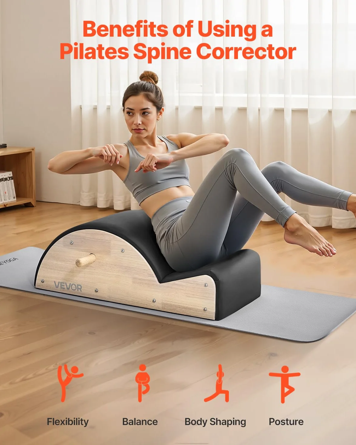 VEVOR Correttore per Colonna Vertebrale Pilates, Strumento per Allenamento Fitness in Legno di Gomma, Attrezzatura Corpo per Colonna Vertebrale, Equilibrio, Rafforzamento Esercizi