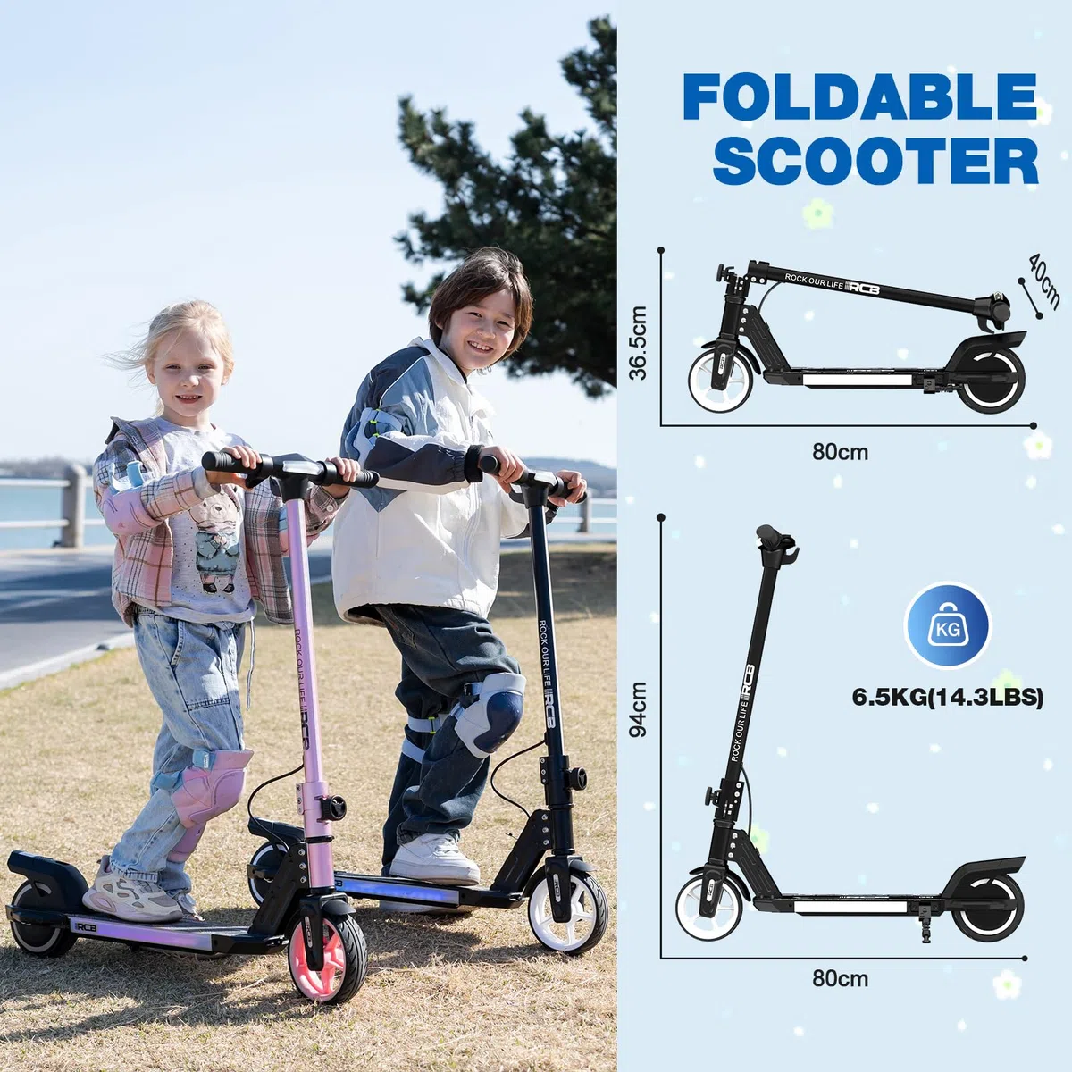 RCB R12 Monopattino Elettrico per Bambini 6-12 Anni, Max 15Km/h & 10 km, Luce LED Arcobaleno, 6,5" Pieghevole E-Scooter,Display a LED, Velocità Regolabili, Regalo per Bambini