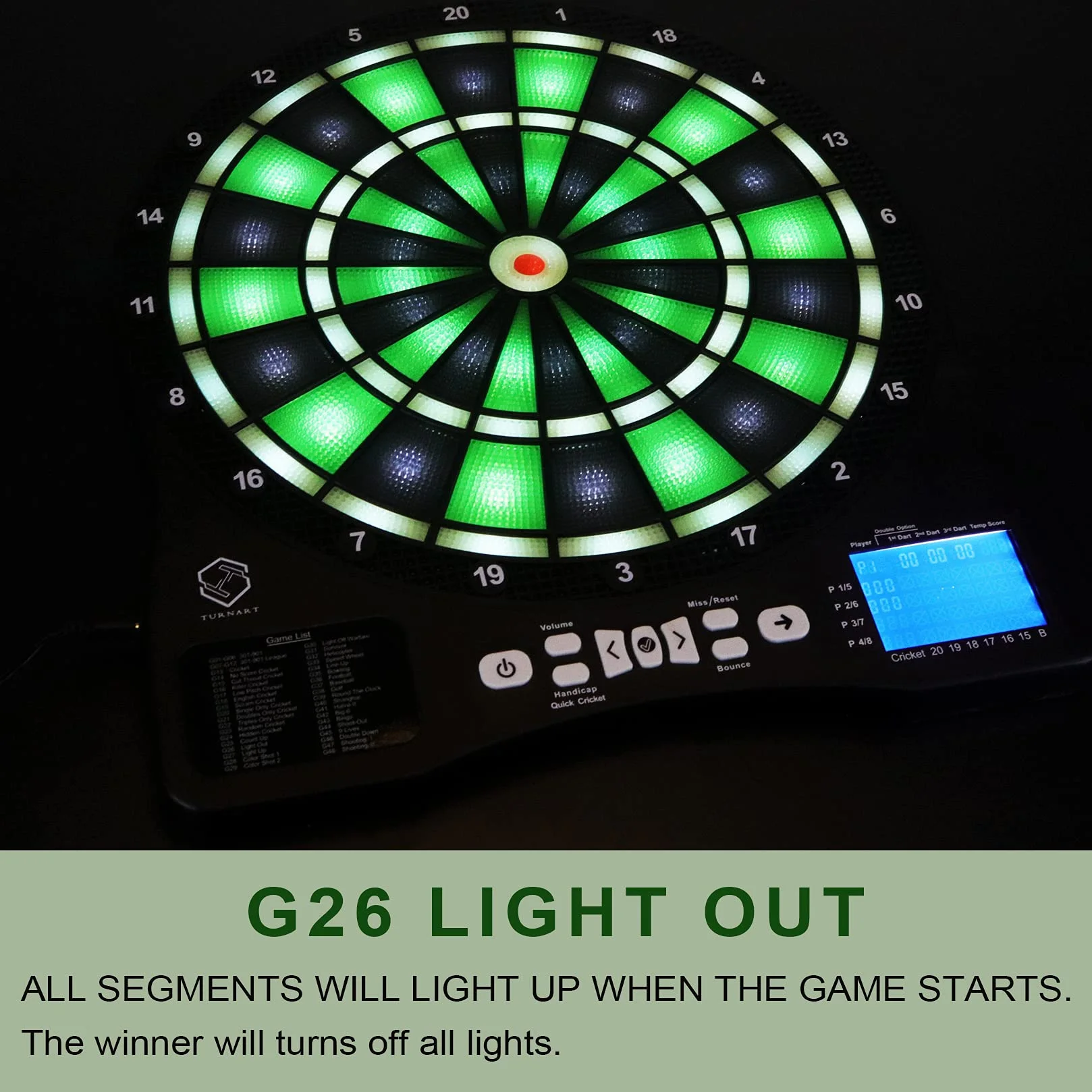 Turnart Bersaglio elettronico per Freccette, Bersaglio elettronico con quadrante Illuminato a LED, 6 Freccette, Soft,Elettronica