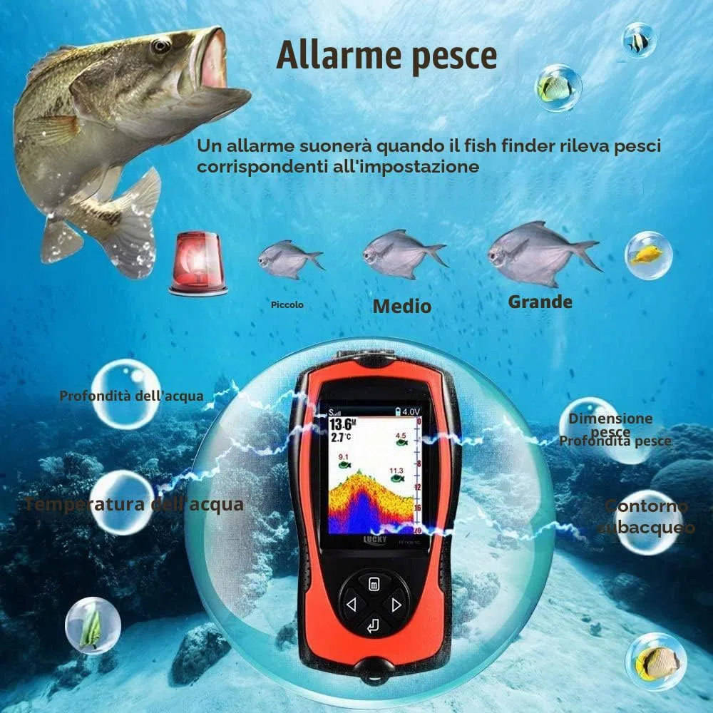 LUCKY Ecoscandaglio da Pesca Portatile Sensore Sonar Trasduttore Cercatore di profondità dell'acqua Schermo a cristalli liquidi Ecoscandaglio Fish Lampada Attraente Sul Ghiaccio Pesca in Mare