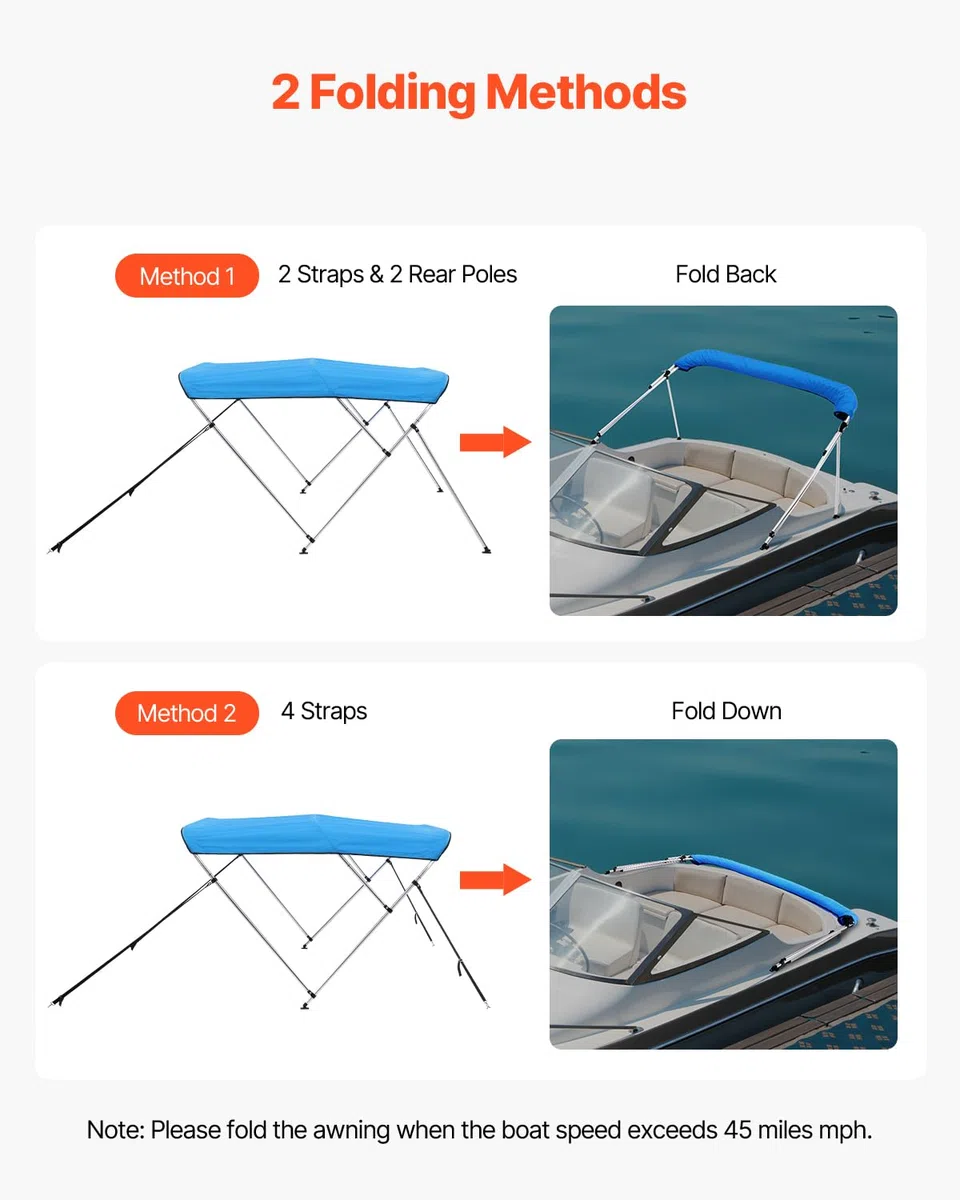 VEVOR Tendalino per Barca a 3 Archi Regolabile 182 x 117 x 155-167 cm, Tenda Parasole Telaio in Lega di Alluminio Tela di Poliestere 900D, Tendalino Tettoia Parasole Pieghevole per Barca a Vela Blu