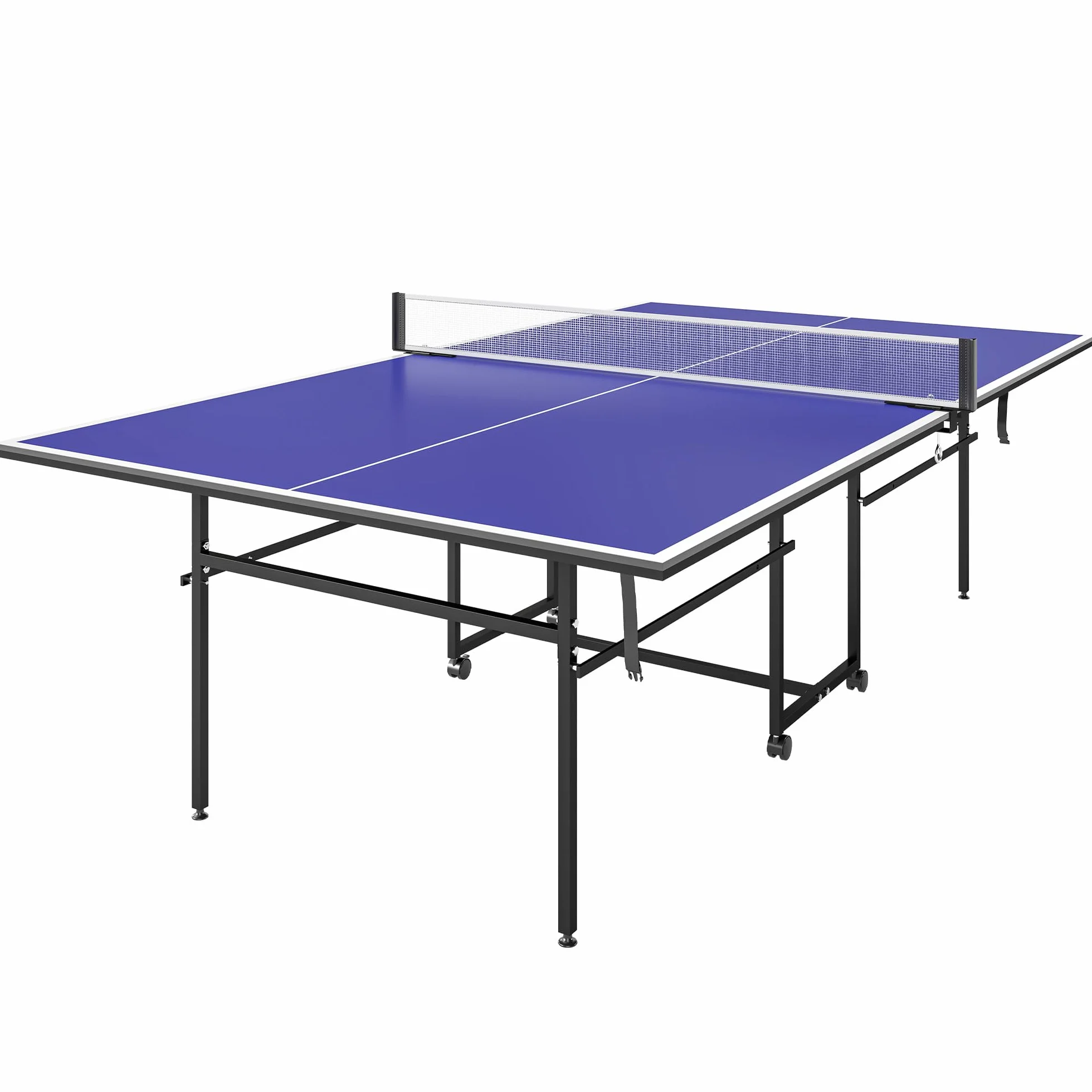 SPORTNOW Tavolo Ping Pong Pieghevole Salvaspazio per Interni, Tavolo da Ping Pong Professionale con Ruote Girevoli, Rete, Racchette e Palline, Blu