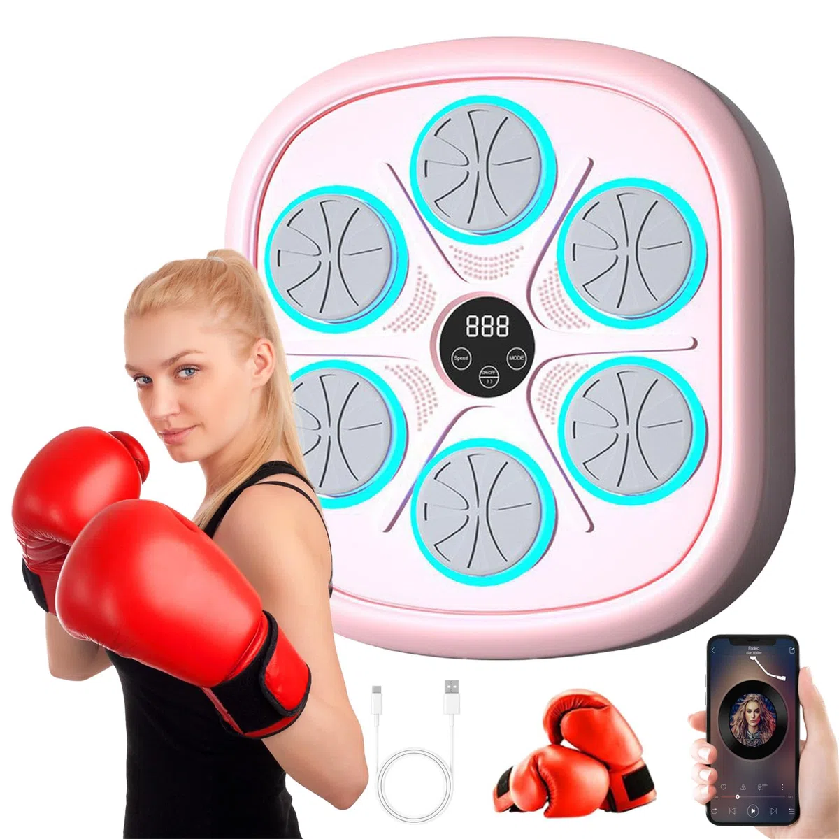 Macchina da pugilato per musica elettronica boxe a LED da parete Boxing Target Smart Boxing Attrezzature per adulti e bambini, supporta Bluetooth, 4 modalità di velocità, altezza di montaggio