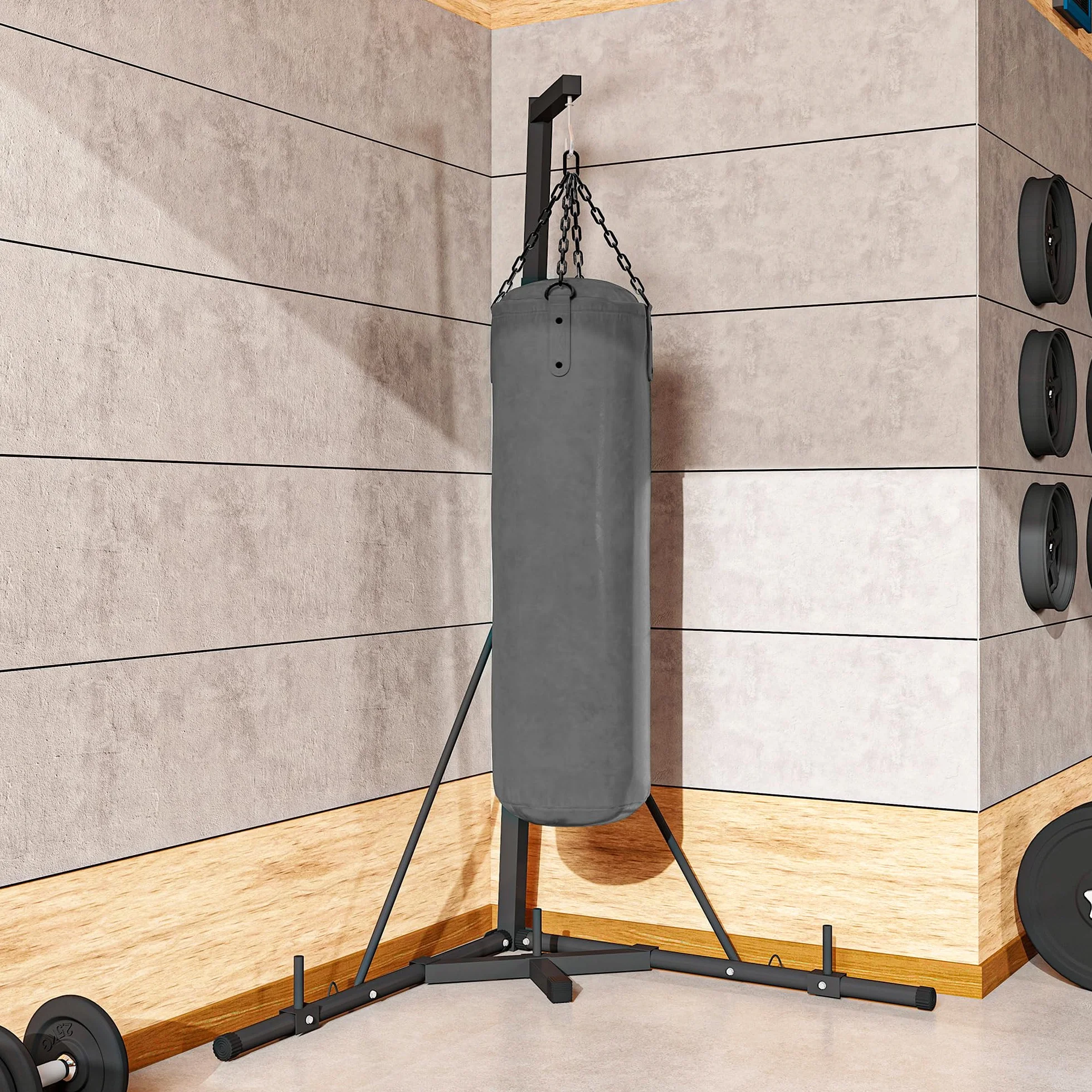 SPORTNOW Supporto Sacco da Boxe Regolabile in Altezza e Autoportante, Sostegno con Base Triangolare e Supporto per Pesi, Max 60kg, 170x90x182-225 cm, Nero
