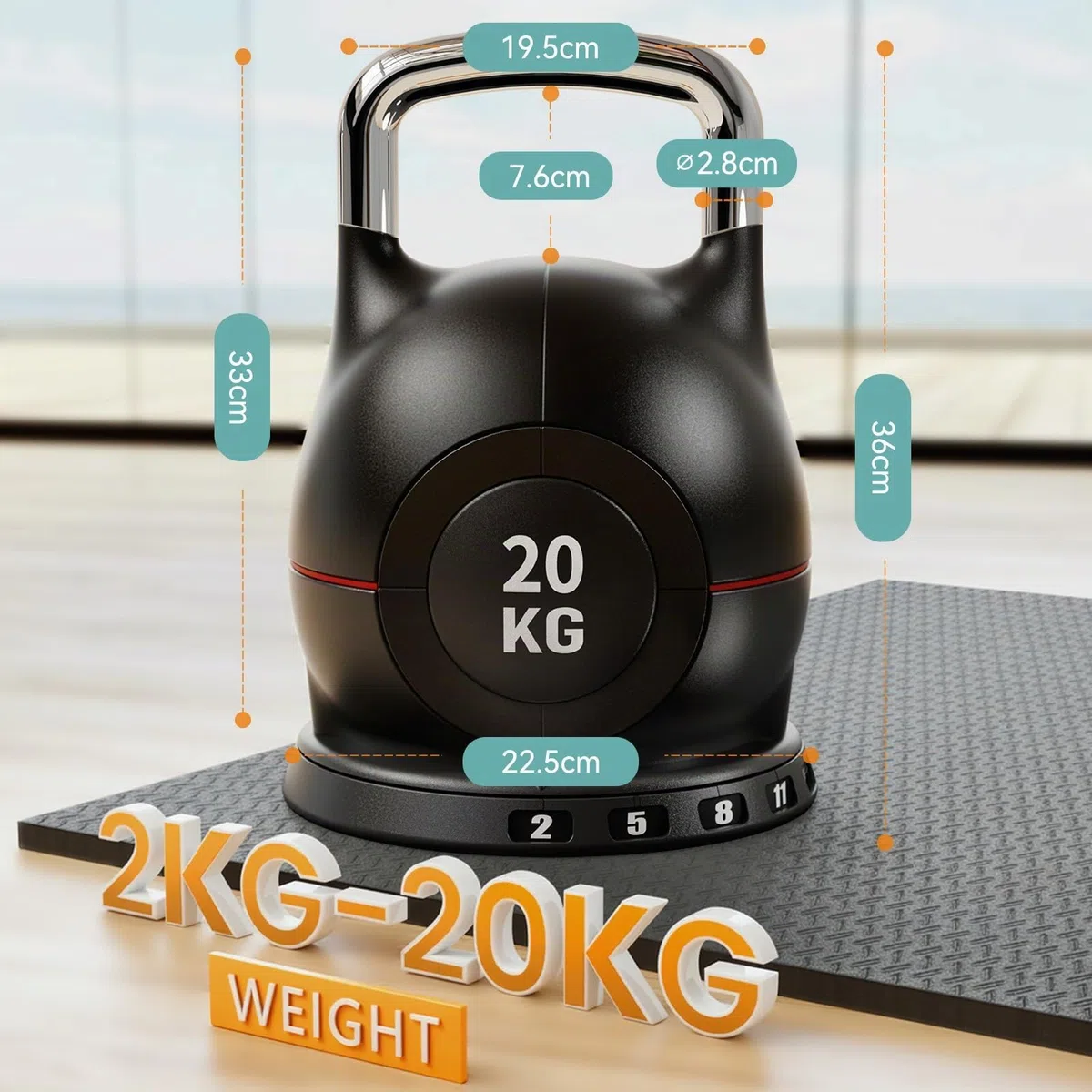 Kettlebell Regolabile 7 in 1, 20 kg Kettlebell con 7 Livelli di Peso, Manubrio per Allenamento a Casa & Fitness, Ideale per Allenamento Completo del Corpo, Compatto & Salvaspazio