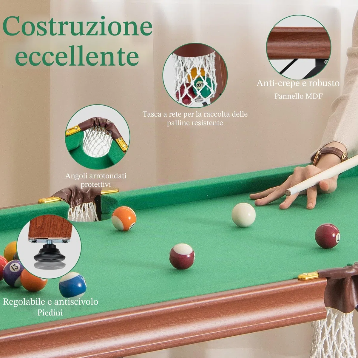 HOMASIS Tavolo da Biliardo Pieghevole, Mini Biliardo Portatile con 2 Tacche, 16 Palline, 2 Gessi, Triangolo, Spazzola, Gambe Regolabili, da Casa, Bar, per Bambini e Adulti, 138 x 67 x 79,5 cm