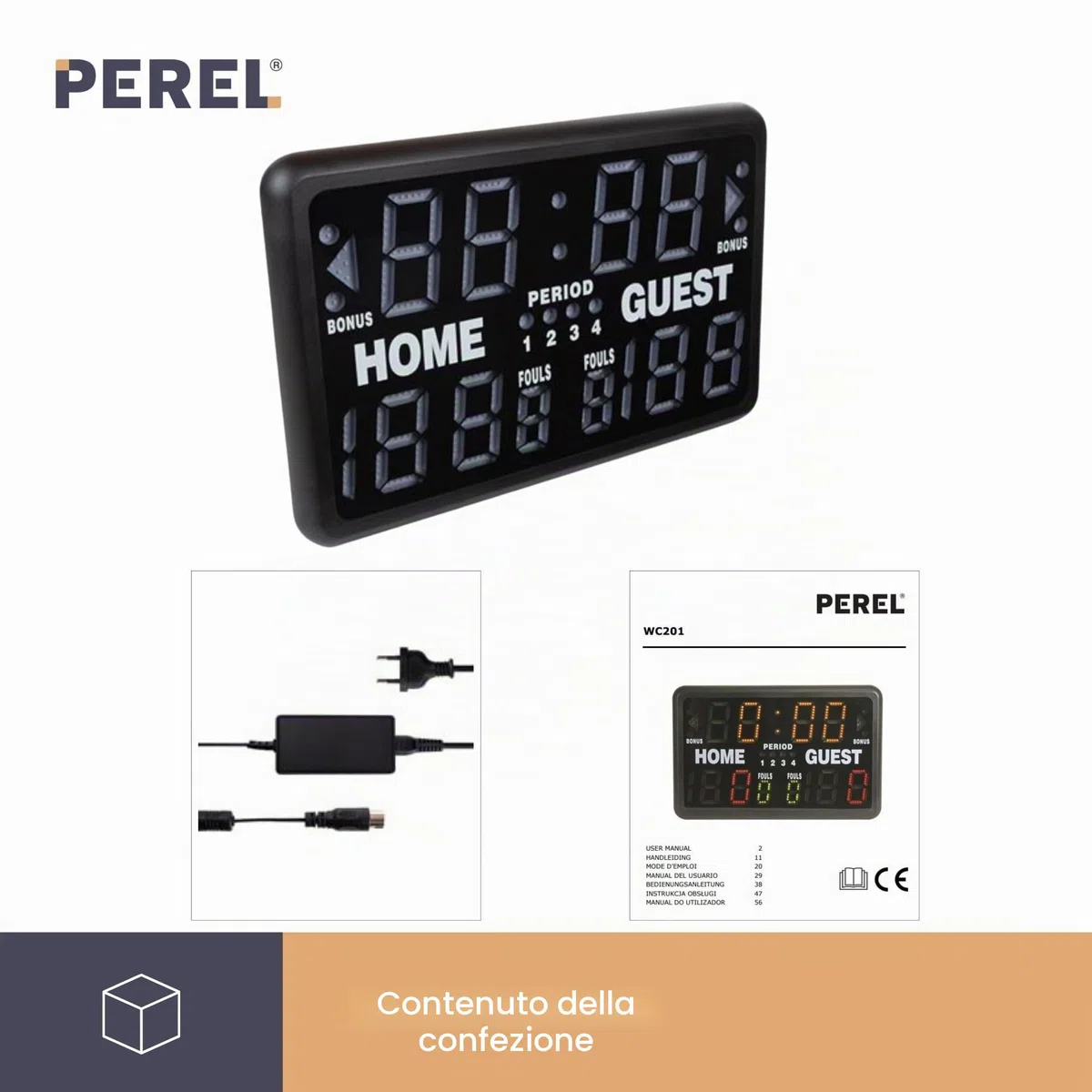 Perel Tabellone LED multisport digitale con timer sportivo e cronometro, modello da tavolo o autoportante, adatto per uso interno ed esterno sotto copertura, per allenamenti partite e tornei