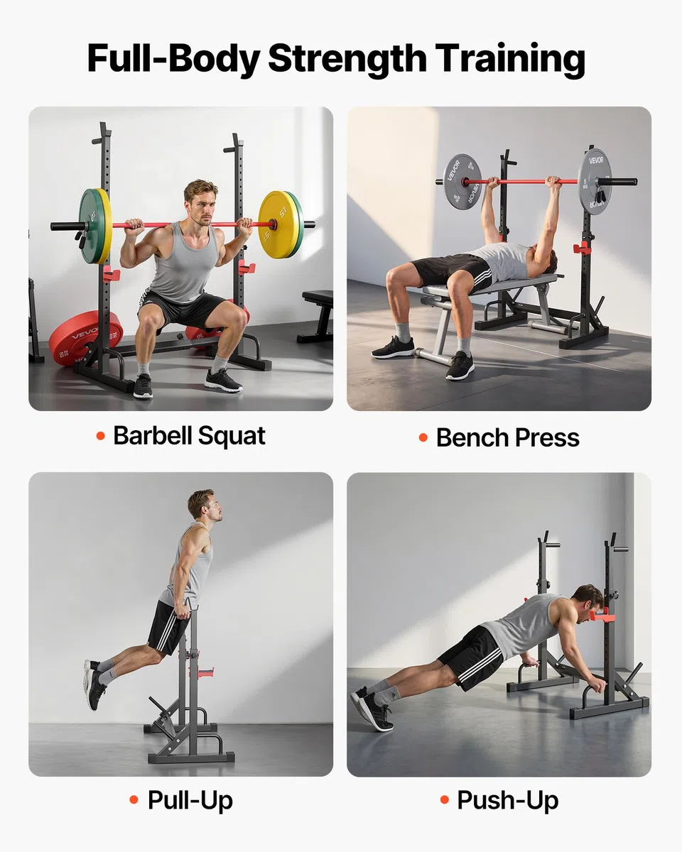 VEVOR Stazione di Forza Sportiva con Altezza e Larghezza Regolabili, Attrezzatura per Allenamento della Forza da 250 kg con Supporti per Bilanciere e Ganci a J per Distensioni su Panca