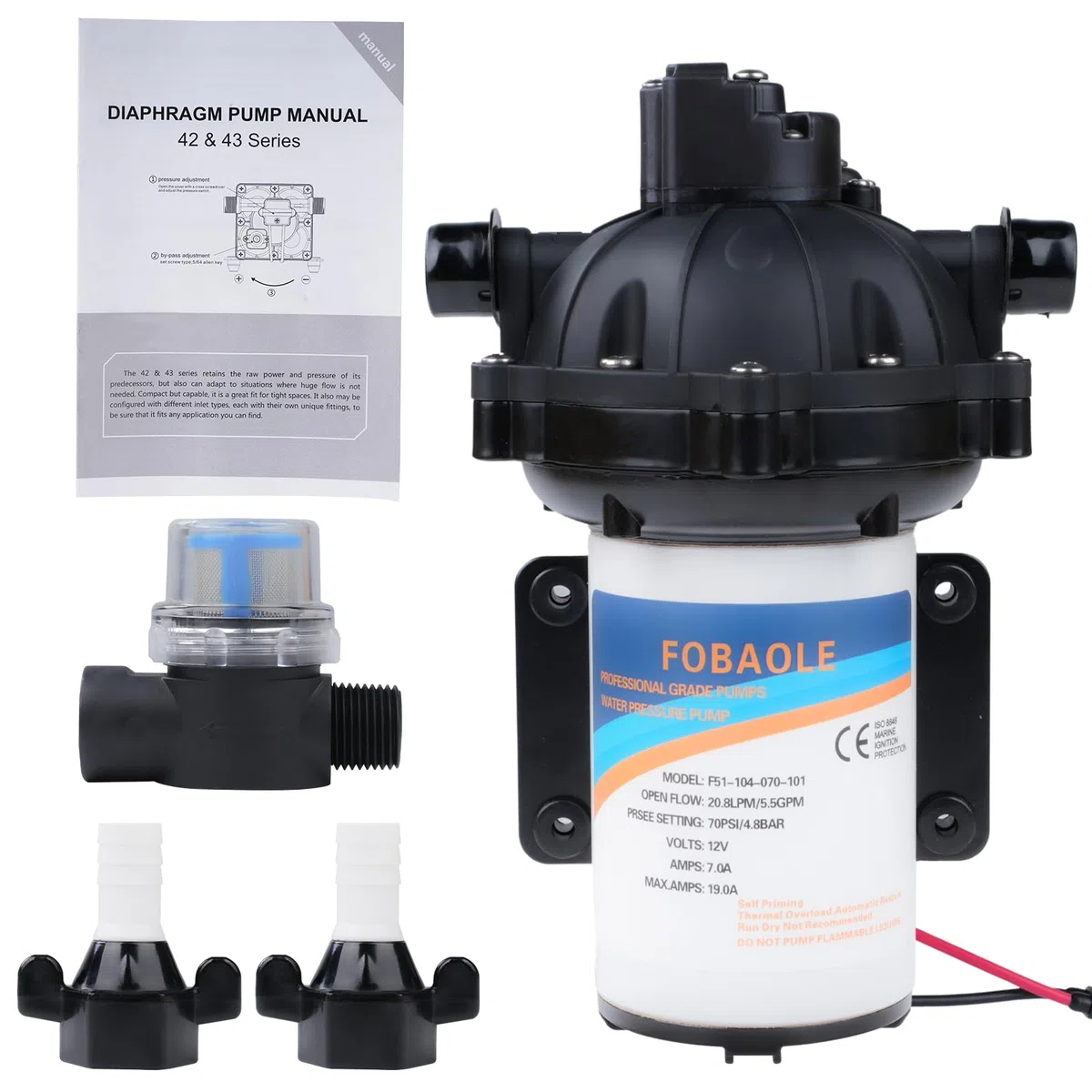 Pompa Acqua 12V, DC 20,8 L/min 70 psi/4,8 bar 5,5 GPM 5 Camere Pompa a Pressione Autoadescante per Acqua su Richiesta Pompa a Membrana per Acqua per Camper Yacht Giardino Camper