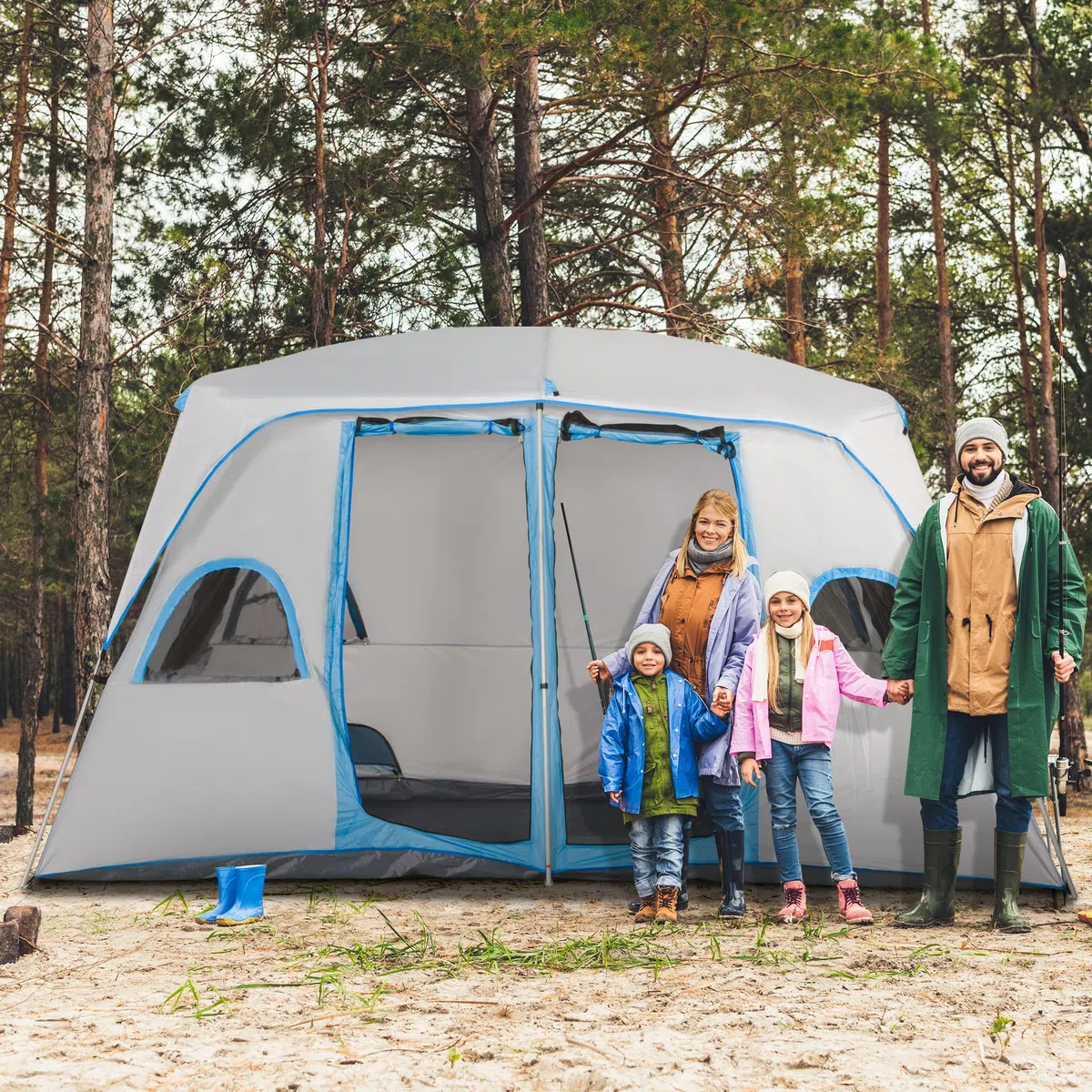 Outsunny Tenda da Campeggio 4 Persone con 2 Stanze e Finestre a Rete, Tenda a Casetta Anti UV e Impermeabile, 400x275x210 cm, Grigia