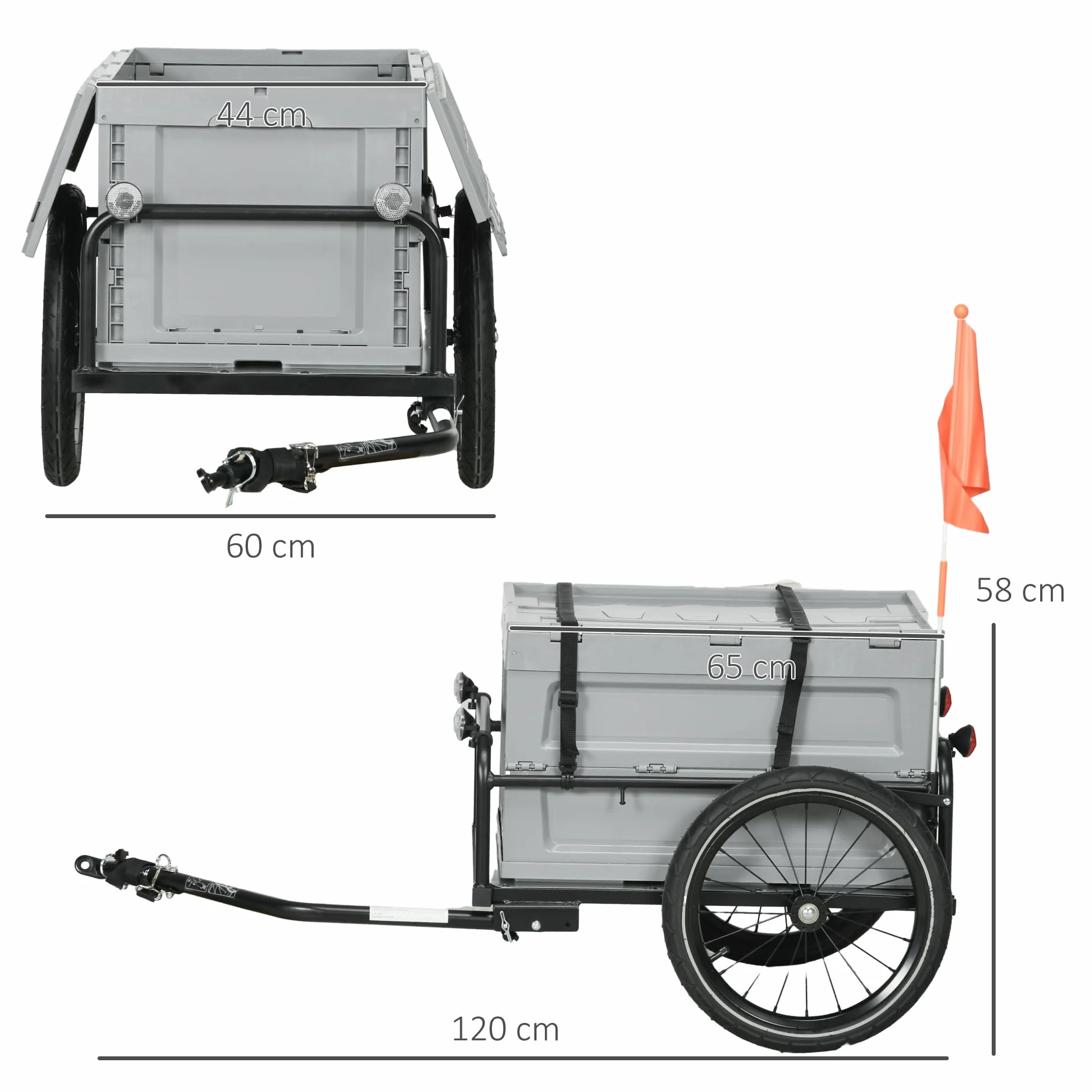 HOMCOM Rimorchio Carrello da bicicletta con vano portaoggetti rimovibile e pieghevole da 65 l, pneumatici e riflettori di sicurezza, carico massimo 40 kg, grigio