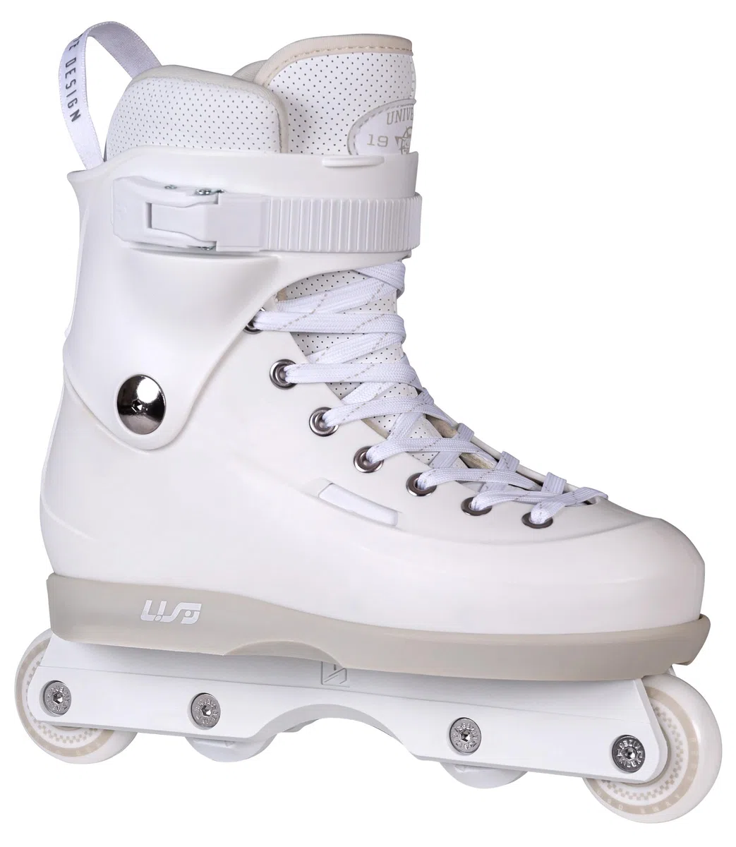 USD Sway Chess White Stunt Skates - Pattini in linea aggressivi Hardboot, Kizer Fluid IV UFS, 60 mm, 88 A, cuscinetti a sfera ABEC 9, bianco/grigio per Street & Park