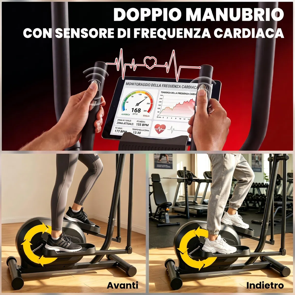 SPORTNOW Ellittica da Casa, Cyclette Ellittica Magnetica Silenziosa con 8 Livelli di Resistenza, App Bluetooth, Sensore di Pulsazioni, Monitor LCD, Pedali Antiscivolo, Portatelefono, Ruote, Max 120kg
