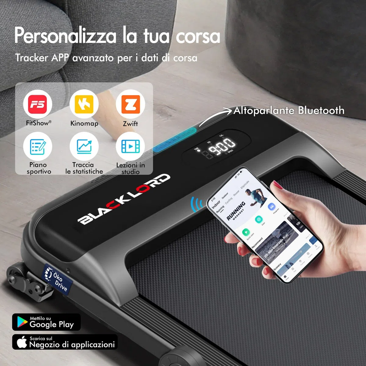 BLACK LORD Tapis roulant, Walking pad 9/12/16 km/h, Tappetino da corsa con/senza inclinazione del 9%, Sotto la scrivania, Portatile, Silenzioso, Display LED, App, Capacità di carico 120/130/140 kg