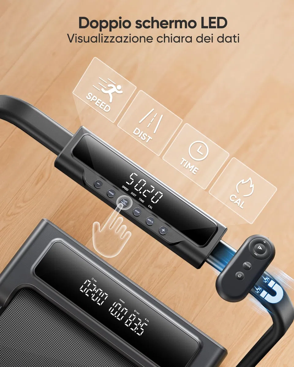 Tapis Roulant Elettrico Pieghevole 12 km/h, 4 in 1 Tapis Roulant con Inclinazione, App, Telecomando e Doppio Display LED, Design Salvaspazio per Casa e Ufficio, Nessuna Installazione Richiesta