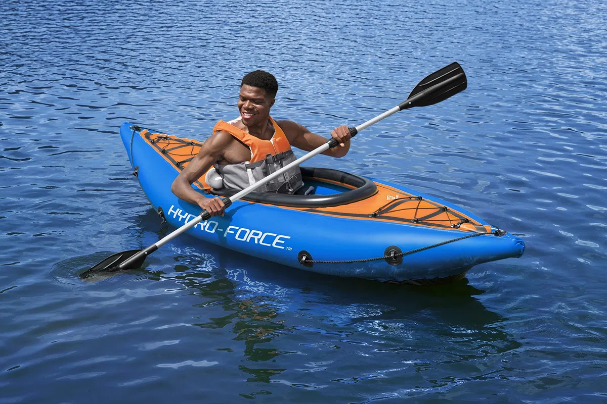 Hydro-Force Cove Champion, set kayak gonfiabile per 1 persona con pompa a mano, pagaie, borsa per il trasporto, blu