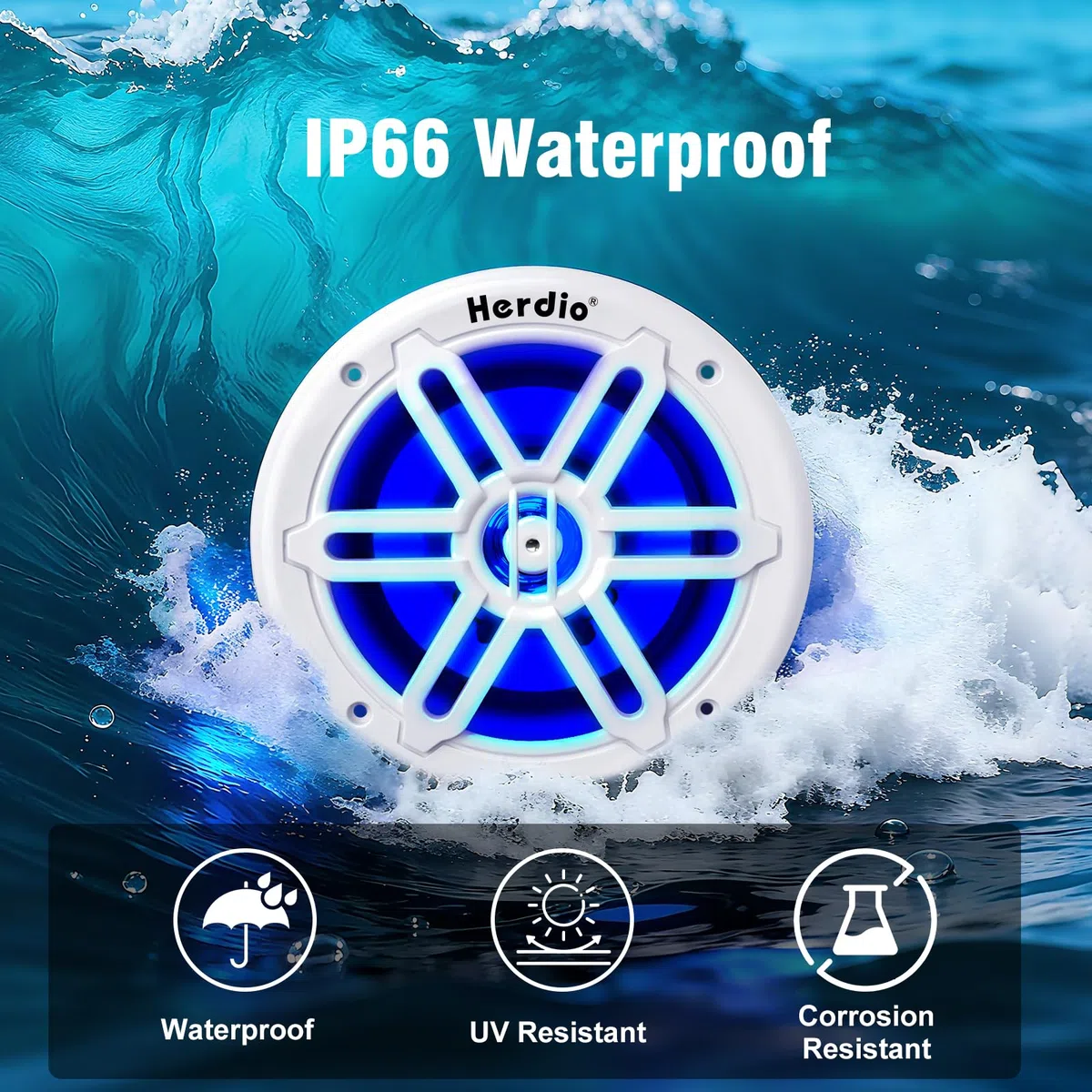 Herdio 8" 450W Marine Speakers - IP66 Waterproof Coaxial Audio, with Blue LED Light for Boats, ATVs, UTVs with UV Resistant White Grille (A Pair)