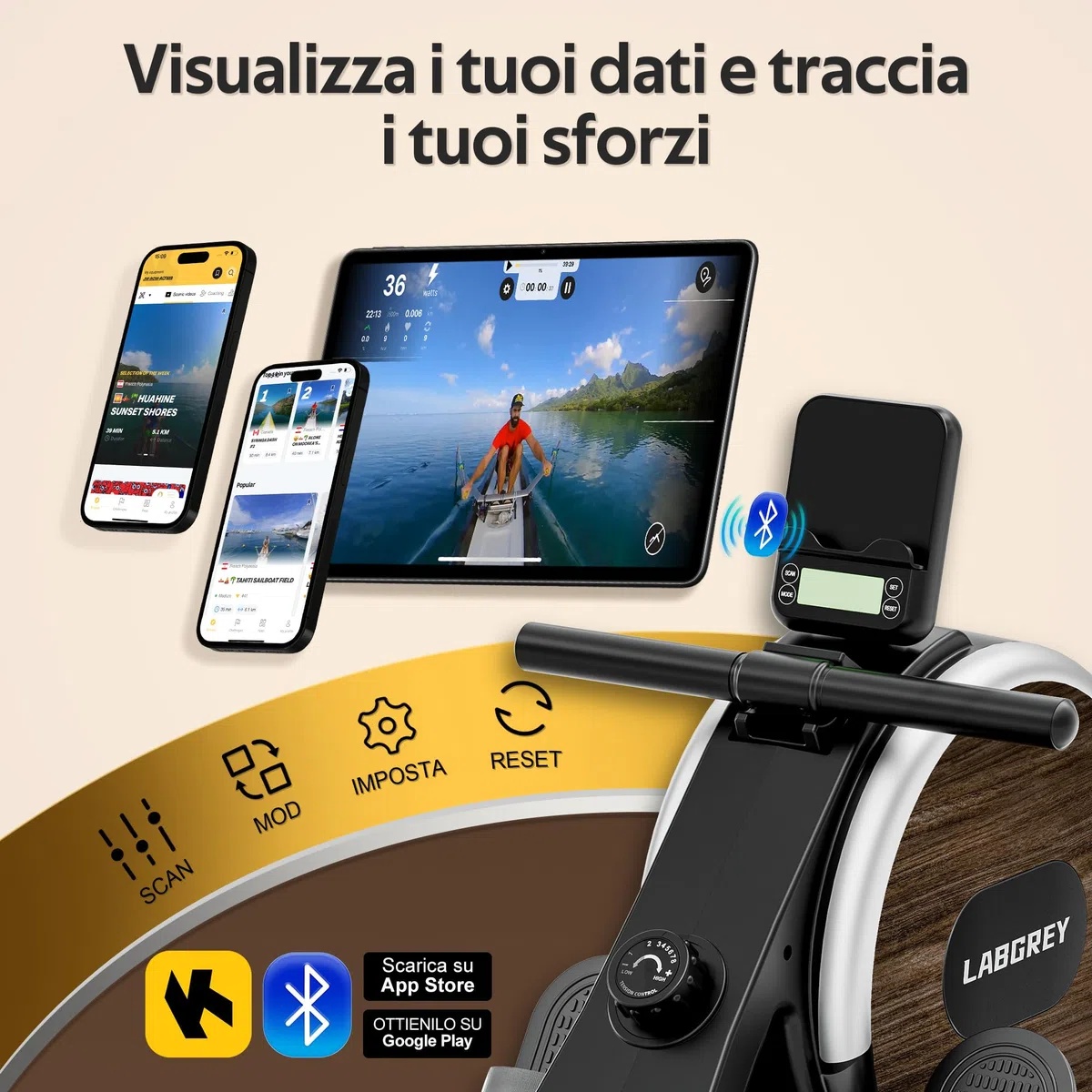LABGREY Vogatore Magnetico Bluetooth, Compatibile con APP, Binario in Lega, Silenzioso e Stabile, Capacità 158 kg, Ideale per Allenamento Cardio Domestico