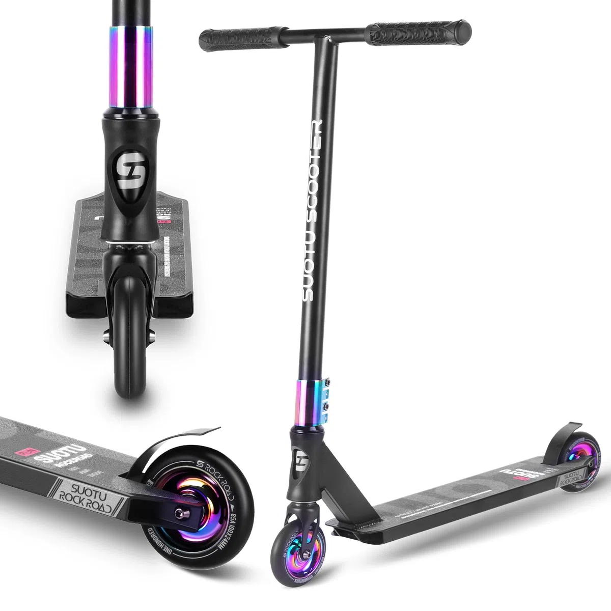 Monopattino Freestyle, Sterzo a 360°, Monopattino da Trick con Ruote in PU da 85A 100 mm, Stunt Scooter per Bambini Adolescente e Adulti, Capacità di Carico: 100 kg, Alluminio (Nero– Arcobaleno)
