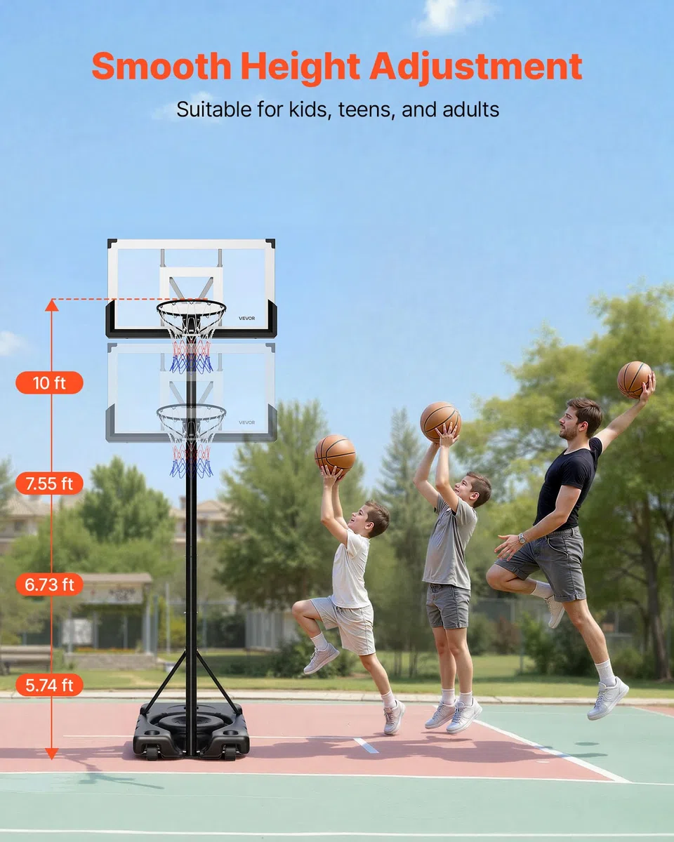 VEVOR Canestro da Basket da Esterno con Piedistallo Regolabile in Altezza Fino a 3,05 m con Ruote e Tabellone in PC da 1219,2 mm, Set di Tabelloni, Sistema di Canestro da Basket per Cortili, Piscine