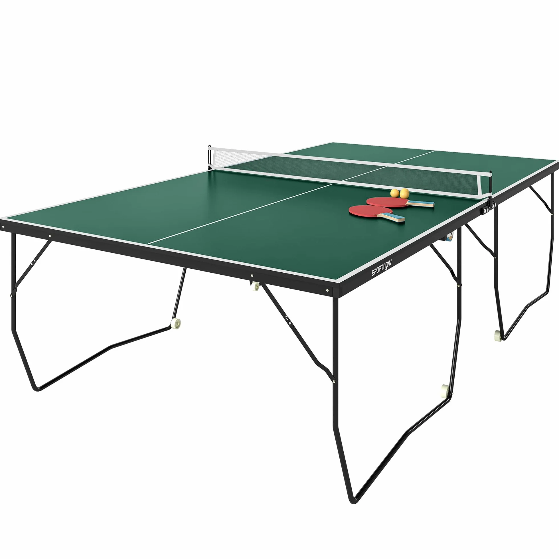 SPORTNOW Tavolo Ping Pong Pieghevole con 8 Ruote, Tavolo da Ping Pong Richiudibile con 2 Racchette, 3 Palline e Rete, 274x152.5x76 cm, Verde Scuro