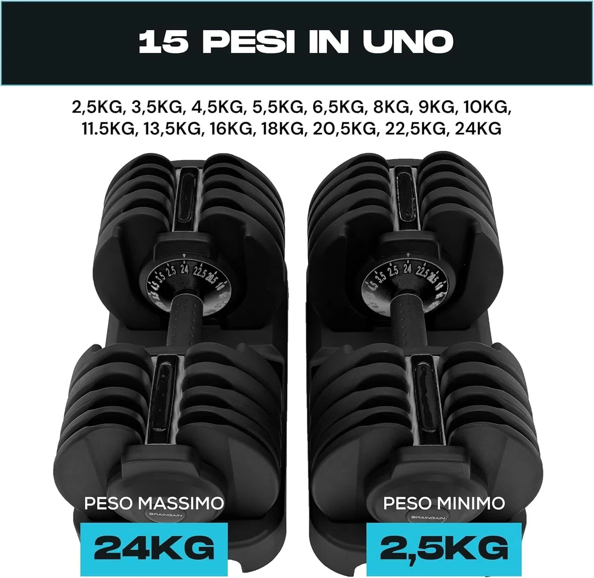 BRAINGAIN manubri regolabili, Coppia di 15 in 1 (24 kg) impostazioni di peso, tecnologia Smart-Click per cambi di peso rapidi con sistema di bloccaggio sicuro, impugnatura antiscivolo