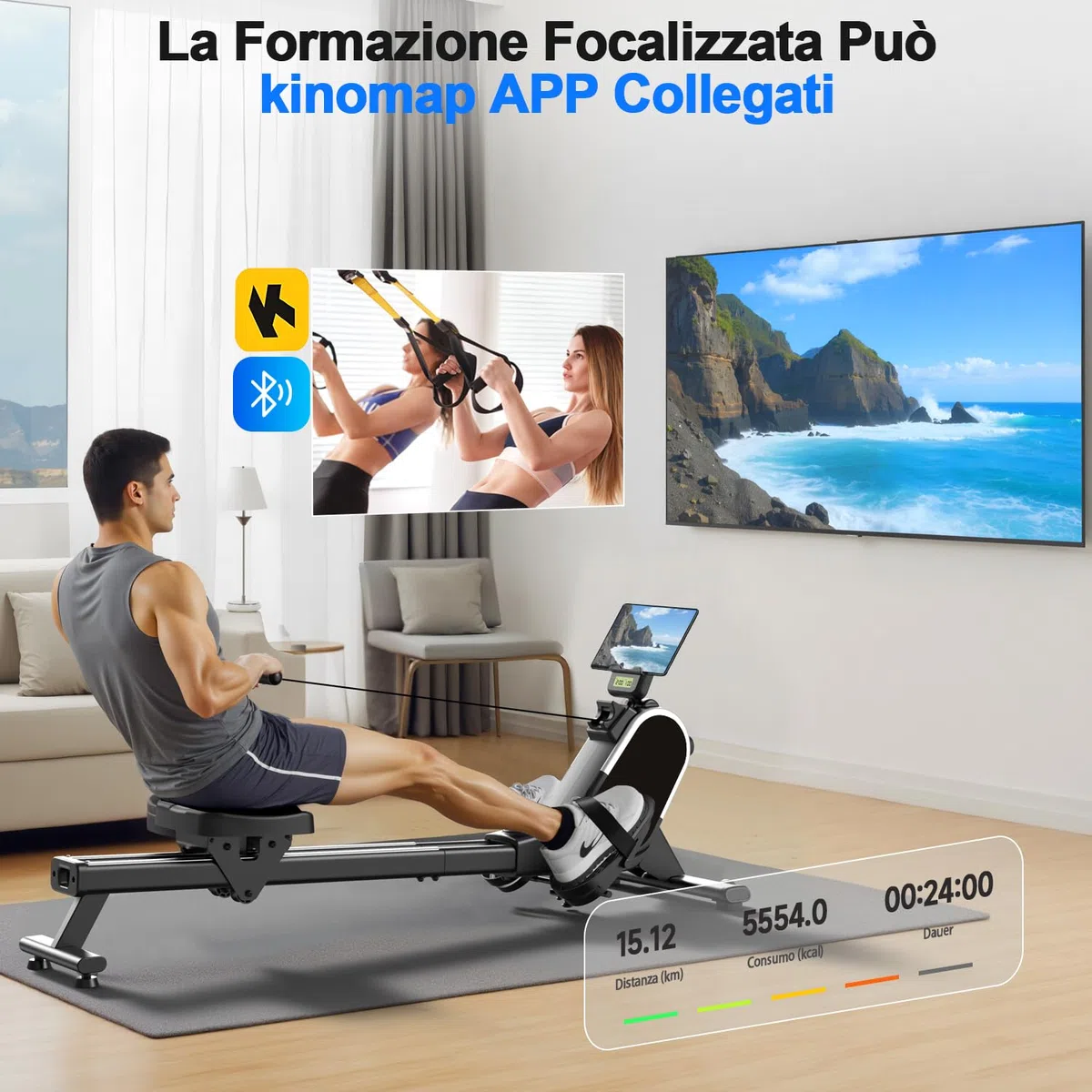 CHAOKE Vogatore Professionale per Casa, Vogatore Magnetico 16 Livelli di Resistenza e Doppia Guida Scorrevole,con App Compatibile, Monitor Bluetooth & Stent Capacità di Carico 160KG