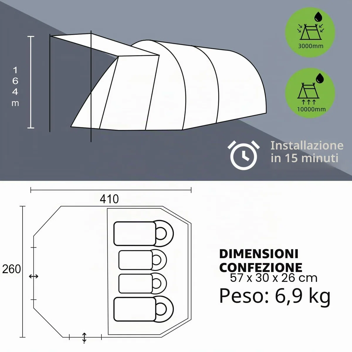 Tenda a tunnel per 4 persone, tenda Tipi, grande da campeggio con cabina letto, tenda familiare impermeabile, 3000 mm, tenda a 3 ingressi, tenda glamping con fondo rimovibile