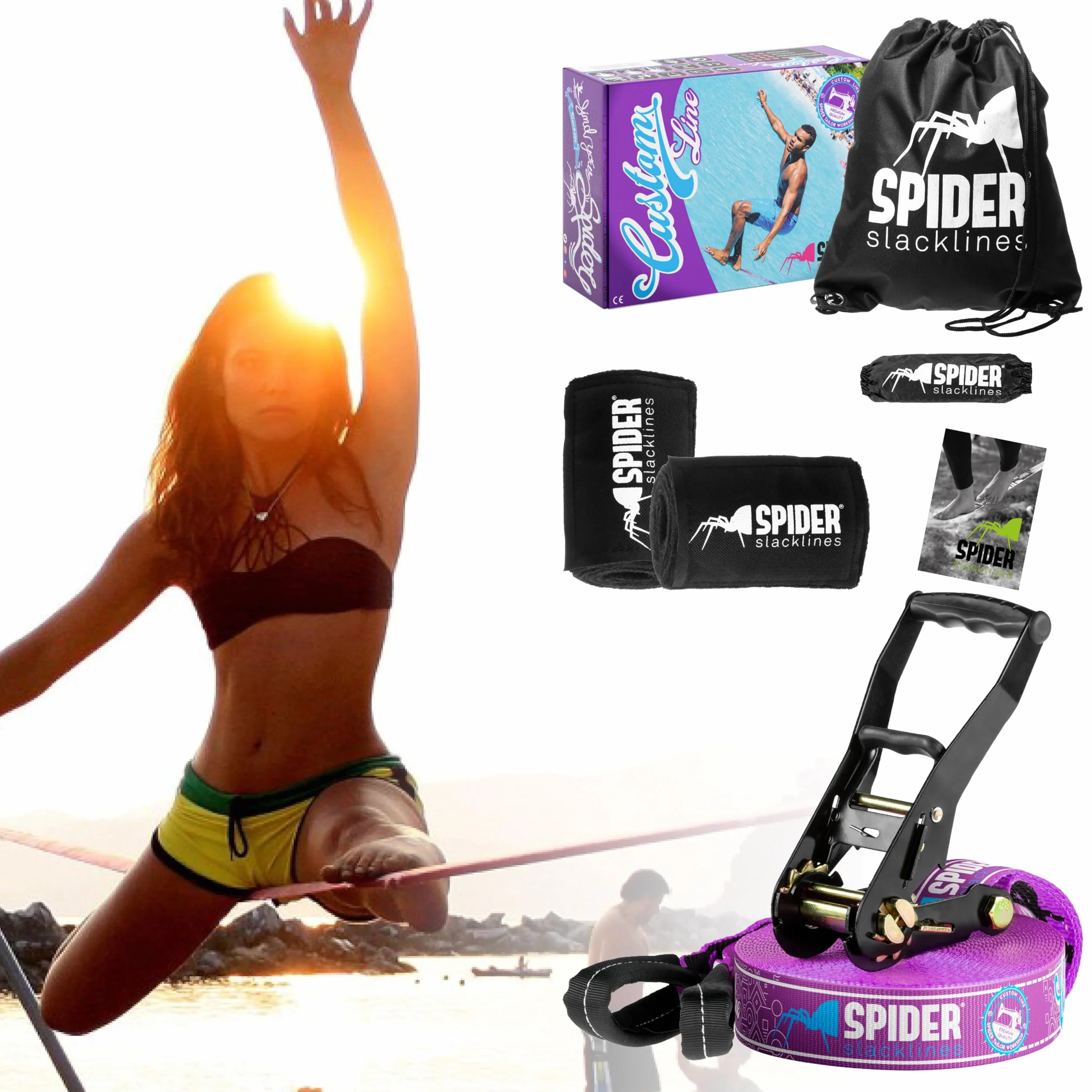 TKSA1 - Kit Slackline adulti - Kit professionale per slackliner di tutti i livelli - Fettuccia robusta da 15m con cricchetto incluso