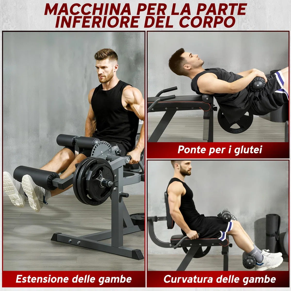 SPORTNOW Macchina Fitness con Schienale e Cuscinetti Regolabili per Leg Extension e Leg Curl, Panca Palestra con Spazio per Dischi Pesi in Acciaio e Plastica, Grigio e Nero
