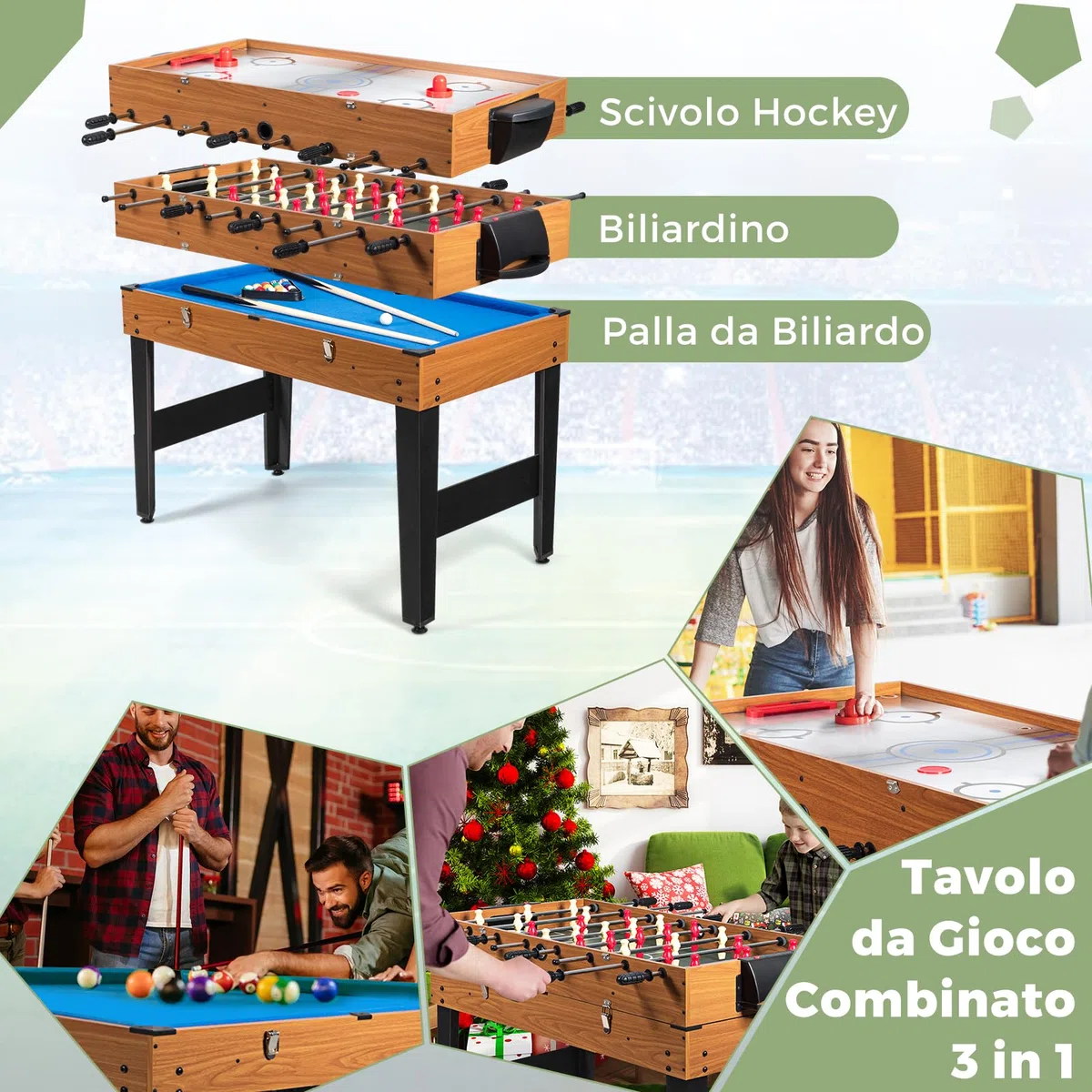 COSTWAY 3 in 1 Tavolo da Gioco Multifunzionale, Tavolo da Biliardino con Calcetto Biliardo Hockey Scorrevole, Maniglia in Gomma, Struttura Stabile, per Casa Sala Giochi, 122x58x83 cm