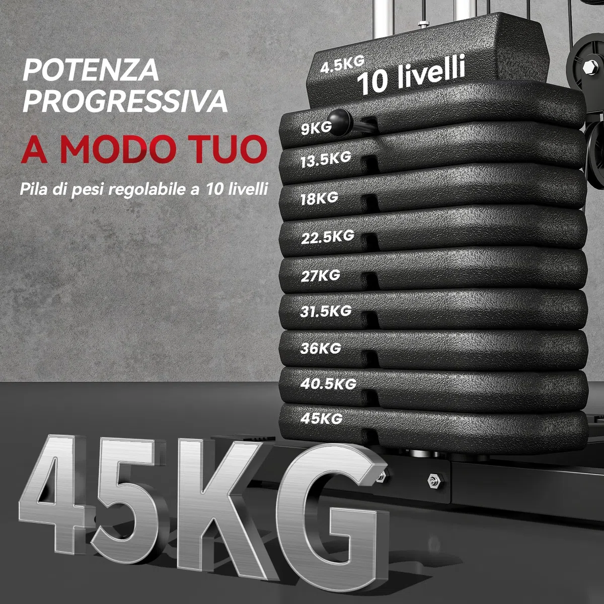 HOMCOM Stazione Fitness Multifunzione Power Tower con Pesi fino 45kg e Panca Imbottita per Allenamento a Casa e Professionale, per Chest Press, Lat Pull Down