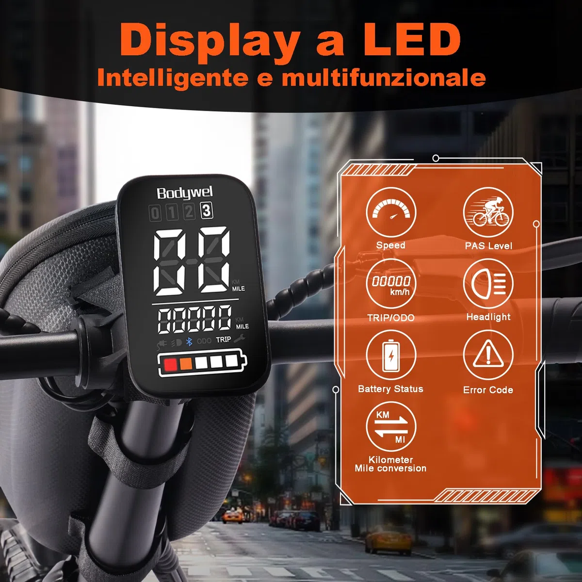 Bodywel T16Pro Bici Elettrica Pieghevole 14" Leggera Adulti/Ragazzi, Batteria 36V 10Ah + Motore 250W, 3 Velocità, Display LED 4.5", Preassemblata 90% per Città