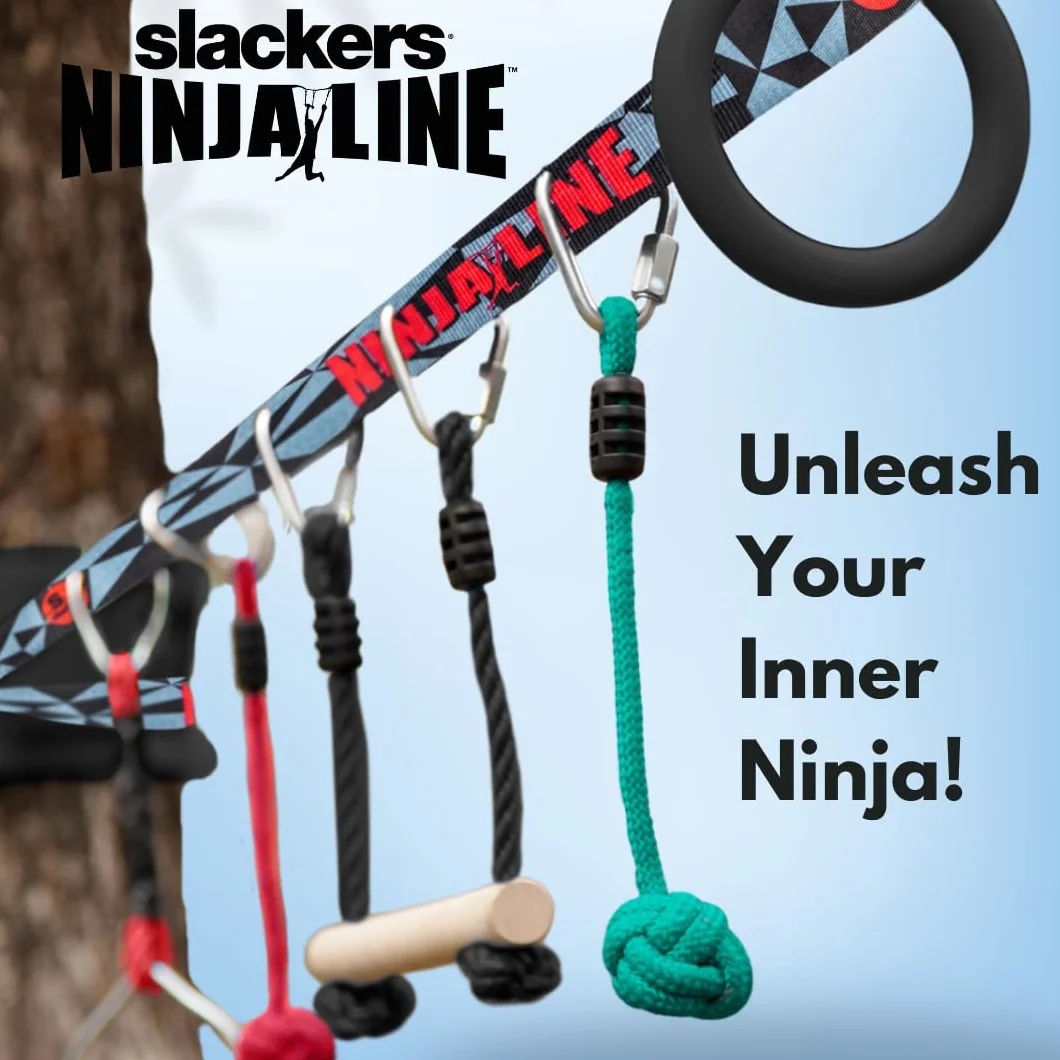 Slackers Ninja Line Starter Set - Percorso ad Ostacoli all'aperto e Slackline per Bambini dai 5 Anni in su - Set Completo con Slackline da 11 m, 7 Ostacoli, cricchetto e Borsa per Il Trasporto