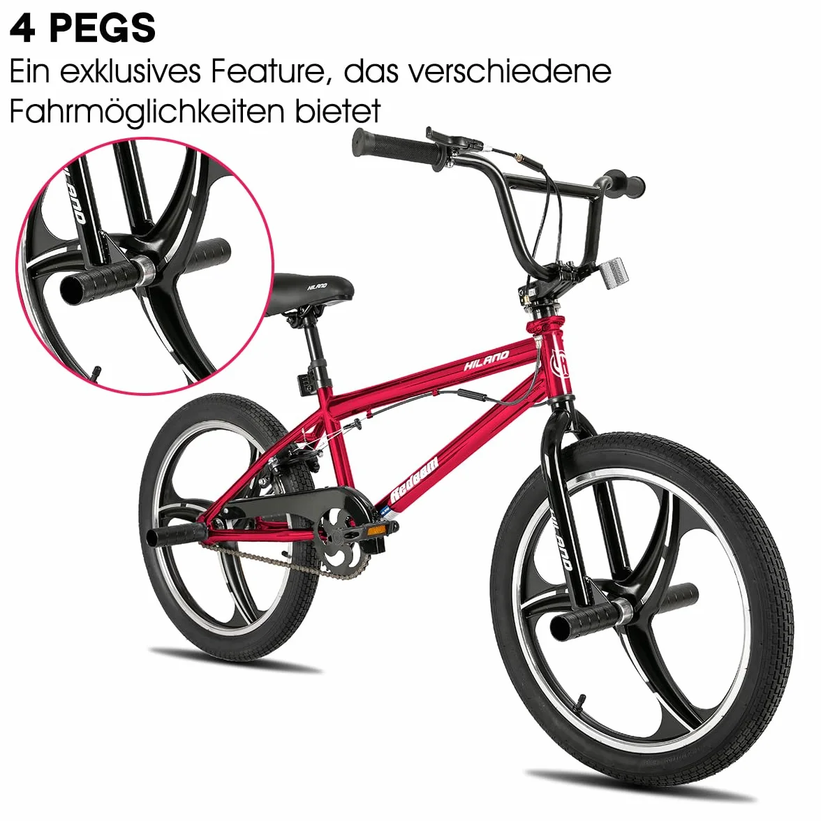 HILAND BMX Bicicletta per bambini da 20 pollici,3 razze, Per bambini e bambine di 7 anni e più，rotore a 361 gradi, freestyle,pedane single speed per bambini,rosso