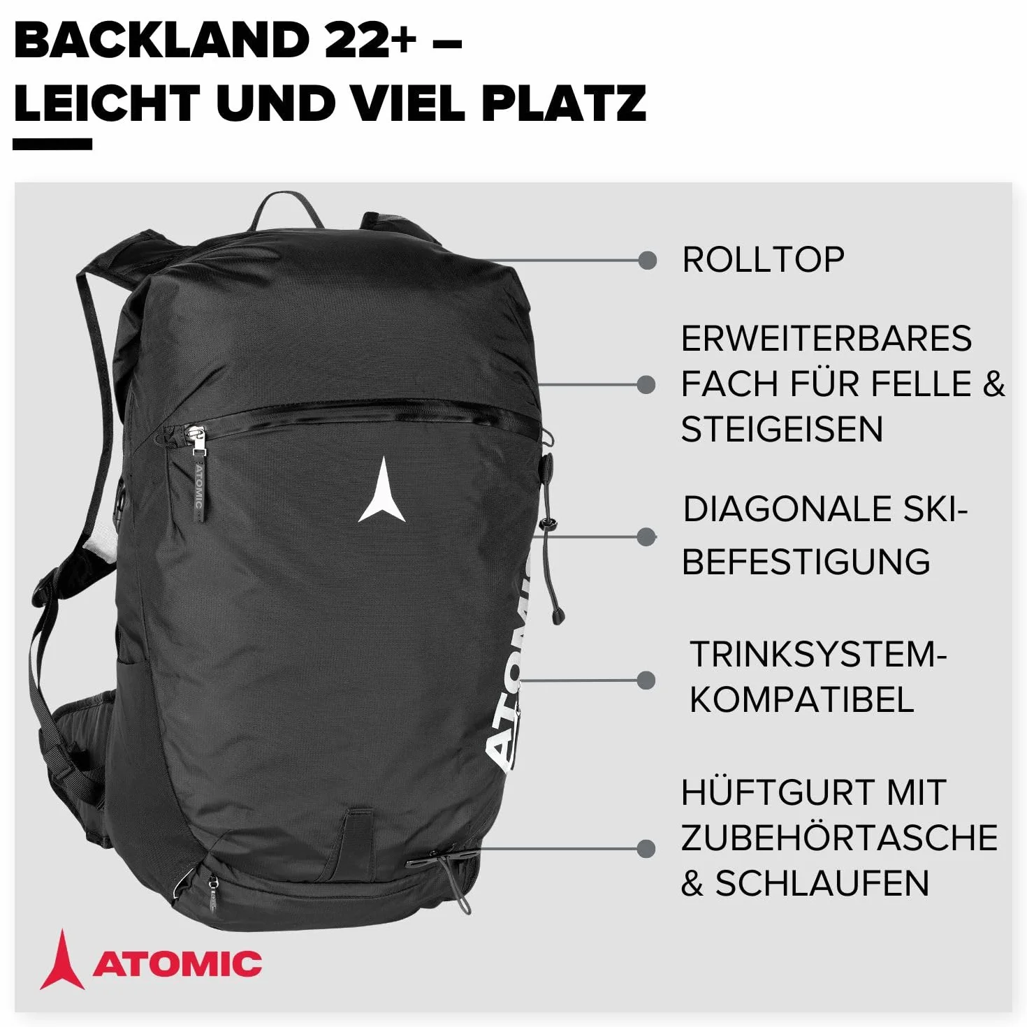 ATOMIC Backland 30+, zaino da sci leggero con chiusura rolltop, zaino da trekking alpino, con spazio di oltre 30 l, robusto e versatile zaino da sci con cintura in vita
