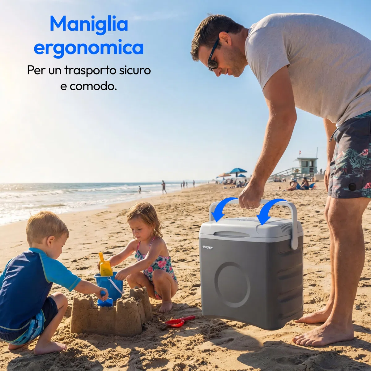 MEDION Borsa frigo termolettrica portatile 35 L, funzione raffreddamento e mantenimento caldo, 12 V accendisigari 230 V rete USB 5 V alimentazione, per auto barca campeggio, MD370030, grigio