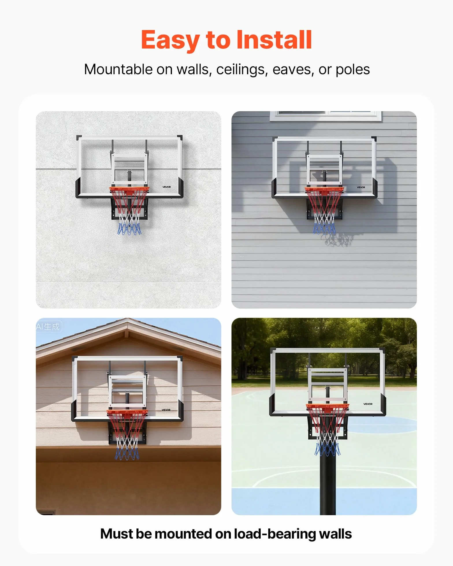 VEVOR Canestro da Basket a Parete con Tabellone in PC da 1371,6 mm e Tabellone con Spessore di 2 mm, Rete in Misto Nylon Spesso, Canestro da Basket Peso di 33,6 kg per Gioco Professionale