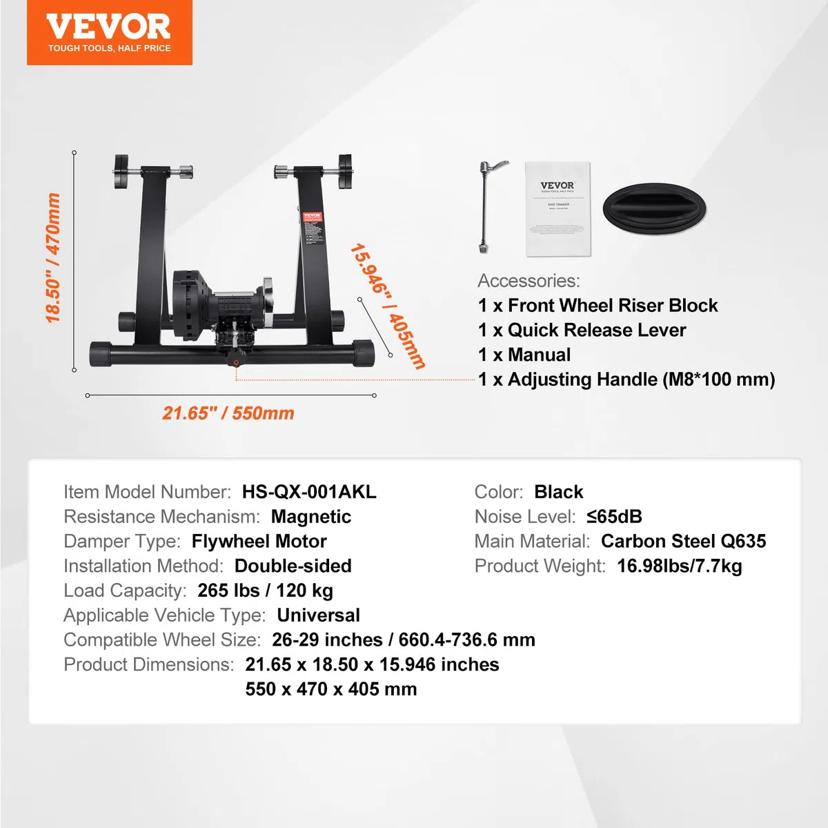 VEVOR Supporto per Cyclette, Supporto Magnetico per Cyclette per Ruote da 26-29 Pollici, Motore a Volano con Riduzione del Rumore, Bicicletta Portatile per Esercizi di Ciclismo Indoor