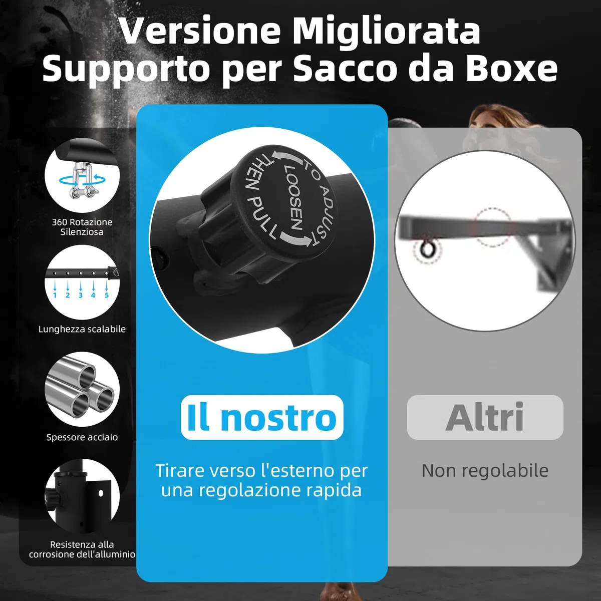 Supporto per Sacco da Boxe, Regolabile e Girevole, 150kg Staffa per Sacco da Boxe, Supporto per Sacco Pesante per Interni ed Esterni Boxe Sport in Casa Palestra