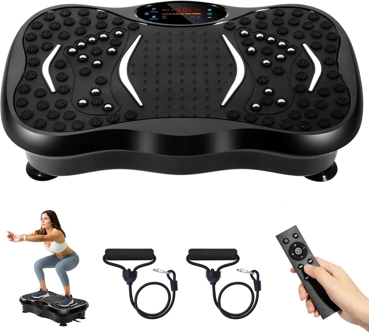 EVOLAND Piastre vibranti, macchina per esercizi fitness a vibrazione per uso domestico, con altoparlante Bluetooth, 5 modalità di programma, 2 bande di resistenza, allenamento fitness a vibrazione, carico massimo 149,7 kg (B)