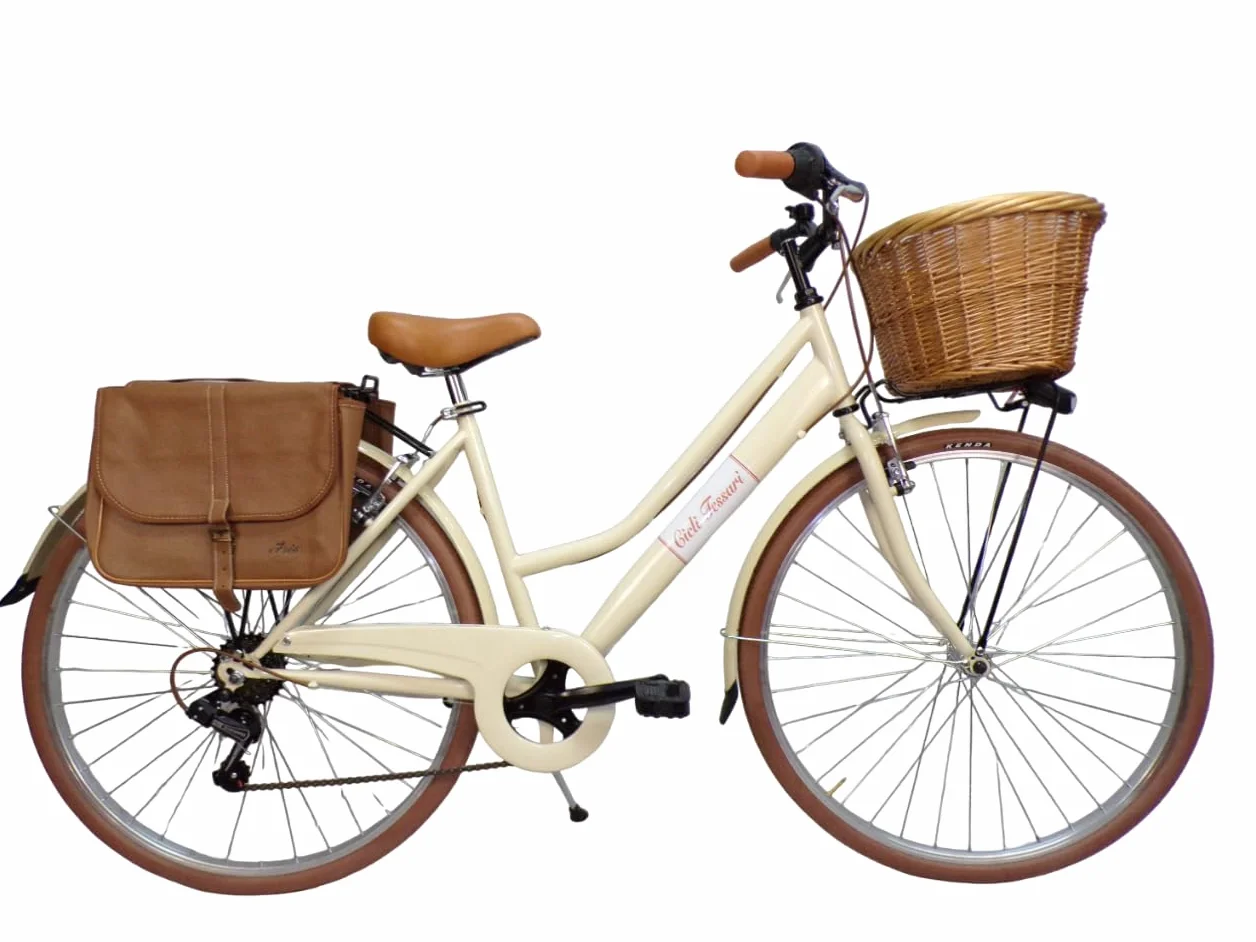 Cicli Tessari - bicicletta donna bici da città city bike da passeggio 28'' con cambio vintage retro' cesto in vimini borse laterali