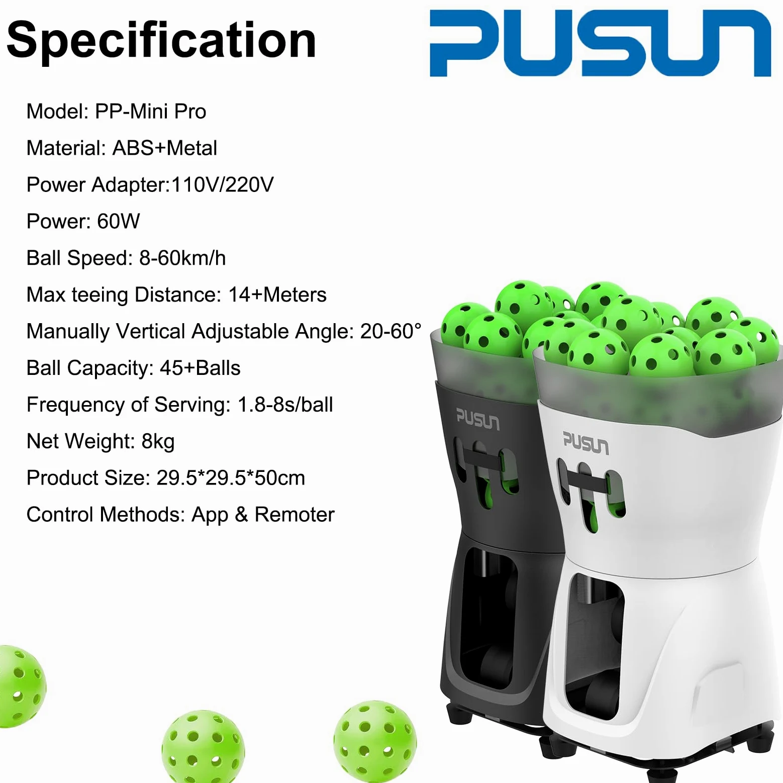 PUSUN Macchina per pickleball, macchina per pickleball PP-Mini Pro per bambini e principianti, supporta app e telecomando, contiene 65 più palline contemporaneamente, durata della batteria 3-5 ore,