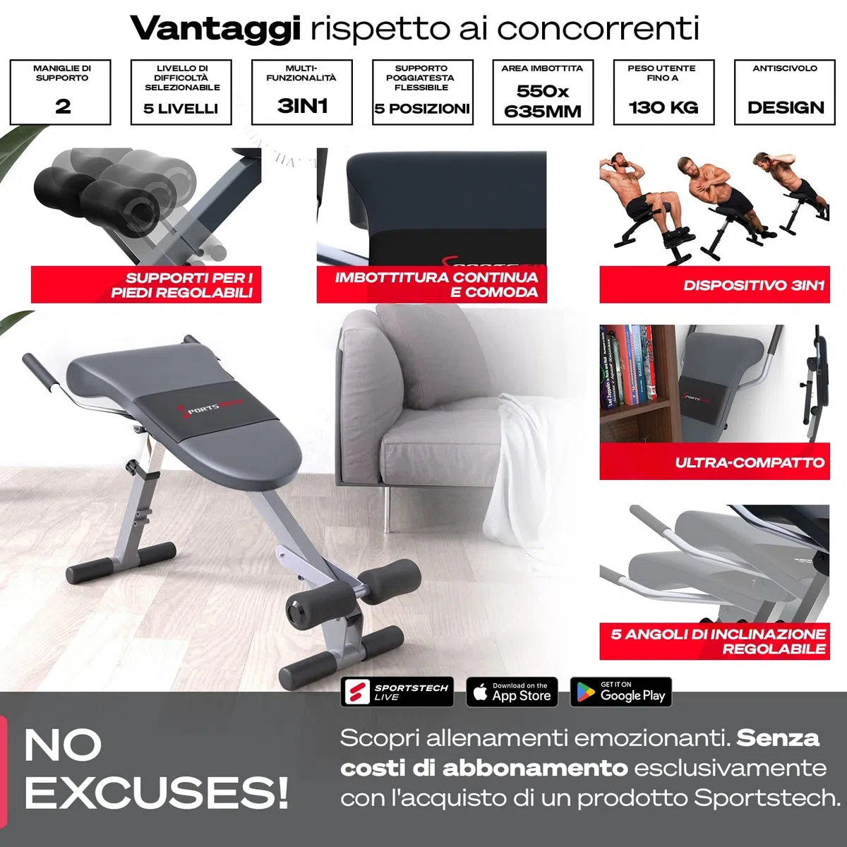 Sportstech BRT200 3in1. Panca per Schiena e Addome con Innovativo Design Antiscivolo, Brevettato, Multifunzionale, Ripiegabile, Imbottitura ergonomica, 5 Livelli di inclinazione.