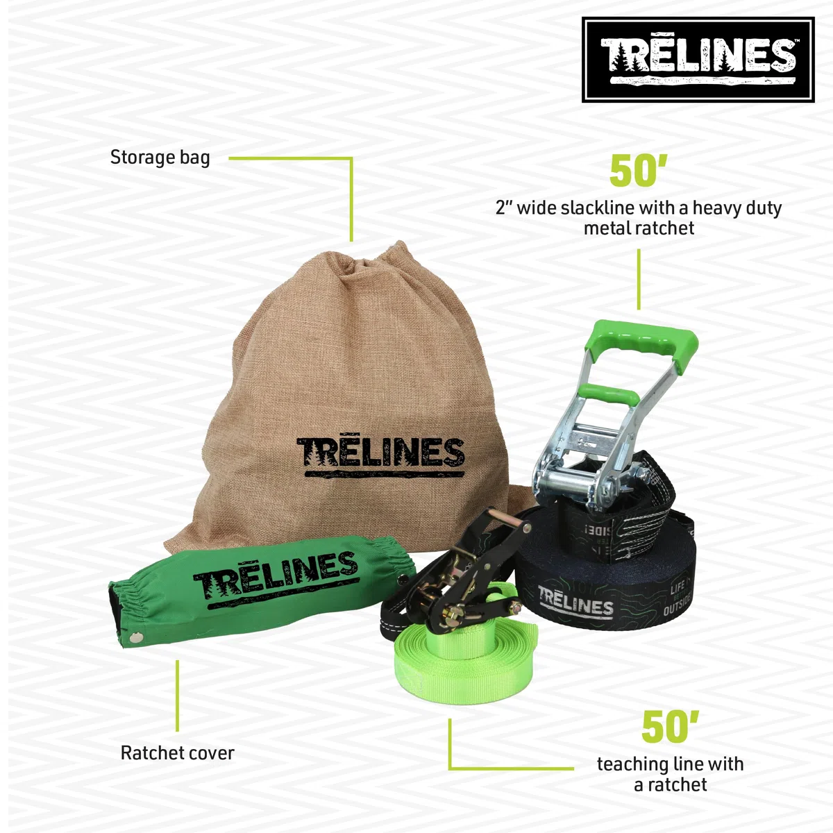 Treline Slackline Classico 15m – Kit Completo con Corda di Allenamento, Gancio in Metallo e Borsa per Bambini e Adulti