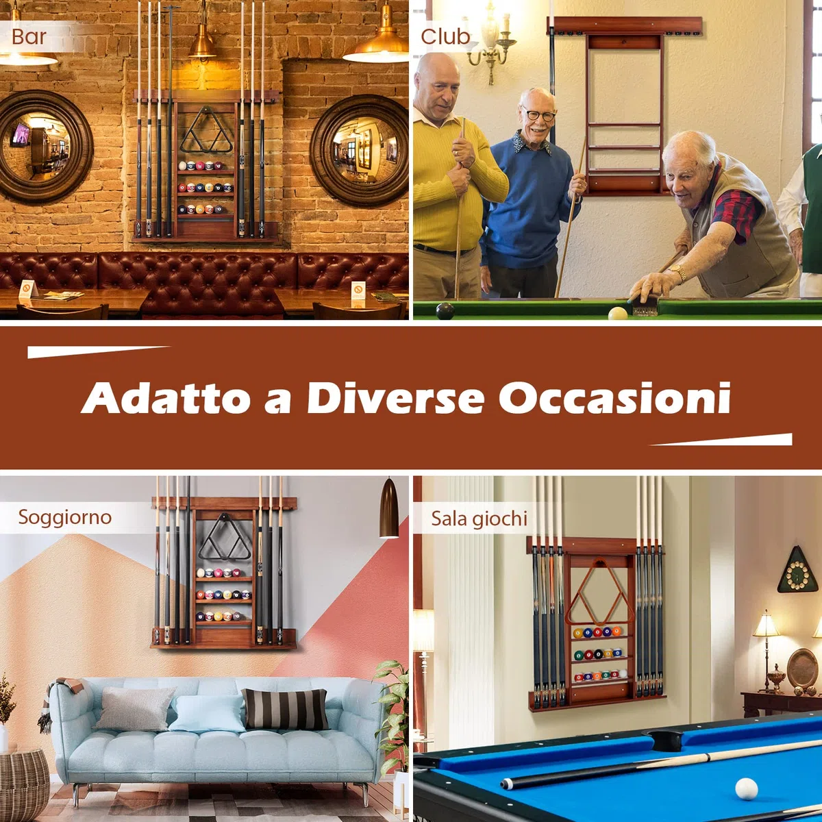 COSTWAY Porta Stecche da Biliardo in Legno Massello, Porta Biliardo a Parete Può Ospitare 8 Stecche 15 Palle da Biliardo e 1 Portapalle, Attrezzatura da Biliardo per Sala da Biliardo Club Bar(Marrone)